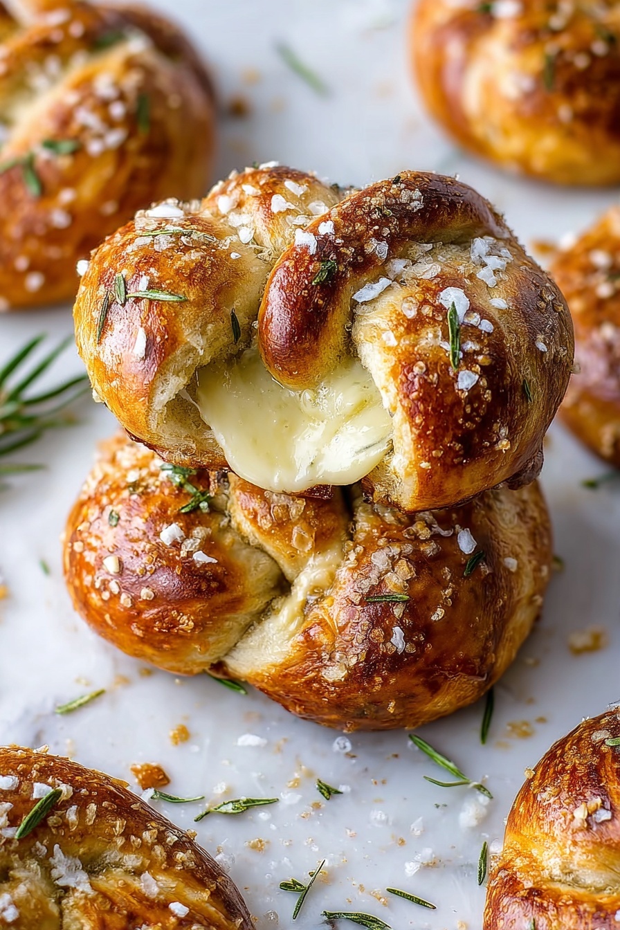 Mozzarella Stuffed Rosemary Soft Pretzels, cheesy soft pretzel recipe, homemade stuffed pretzels, rosemary infused pretzels, cheesy savory pretzel snacks - The image shows soft, golden-brown pretzel knots with a shiny and slightly crispy outer layer, topped with a light sprinkling of white salt crystals and small green herb bits. Each pretzel has multiple twisted layers, showing a contrast between the darker browned crust and the lighter, airy inside dough in between the twists. They rest on white parchment paper over a white marbled surface. Small sprigs of fresh herbs are visible near some pretzels, adding a touch of green. The scene focuses closely on the pretzels, highlighting their texture and color variations photo taken with an iphone --ar 2:3 --v 7