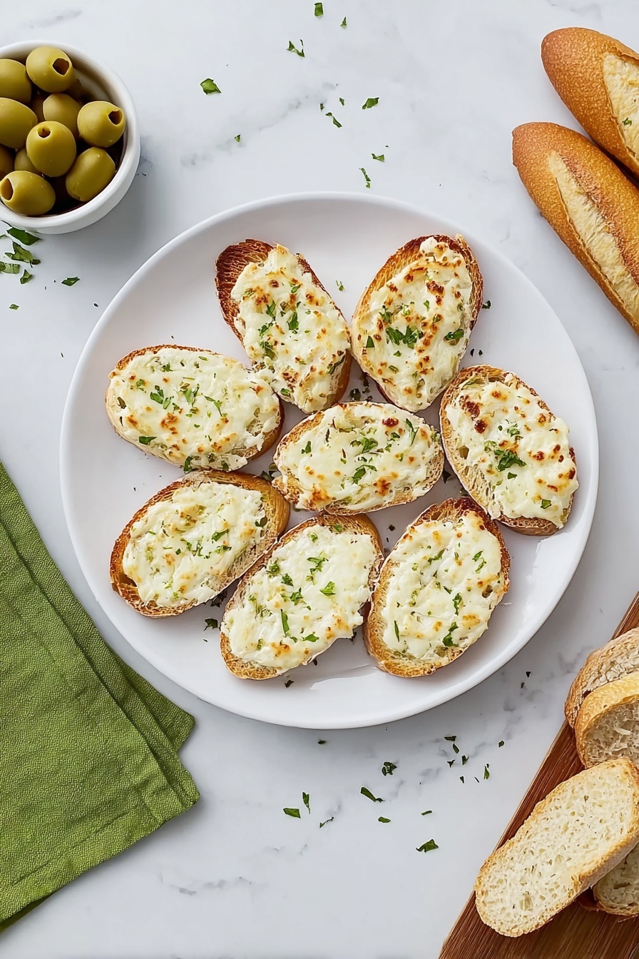Cheesy Artichoke Bruschetta, artichoke appetizer, cheesy bruschetta, savory artichoke dip, easy bruschetta recipe - A white plate holds eight slices of toasted bread arranged in a circle, each topped with a creamy white spread that has a slightly browned and bubbly texture on top, sprinkled with small green herb pieces. The toast's crust is light brown and crisp. The plate rests on a white marbled surface. Nearby, a green cloth napkin has scattered parmesan flakes and two baguette slices placed on a small wooden board next to a white bowl of sliced green olives. Photo taken with an iphone --ar 2:3 --v 7