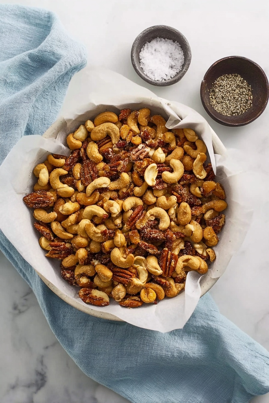 Spiced Roasted Nuts with Rosemary, Roasted Nuts with Rosemary, Spiced Nuts Snack, Herb-Infused Roasted Nuts, Flavorful Nut Mix - The image shows a white bowl lined with white parchment paper filled with a mix of roasted nuts including cashews, pecans, and peanuts, all golden brown with a slight shine from oil or seasoning. The nuts are heaped in the bowl, covering the entire surface. Next to the bowl is a small dark bowl with coarse salt and black pepper. A soft light blue cloth is casually placed on the white marbled surface beside the bowl. The scene looks clean and simple with natural daylight. photo taken with an iphone --ar 2:3 --v 7