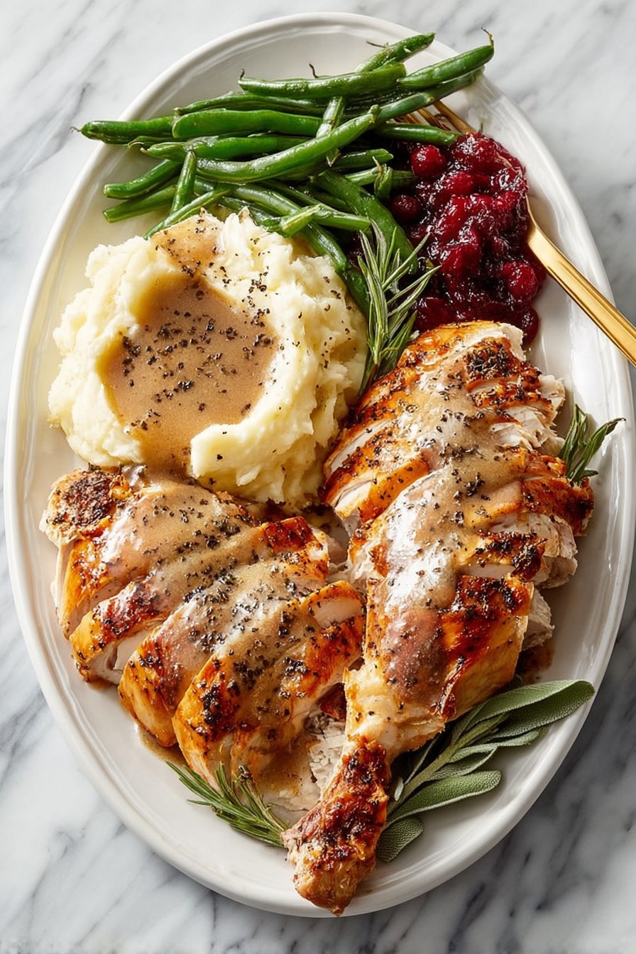 Herb Butter Roast Turkey, roast turkey recipe, juicy turkey, holiday turkey, flavorful roast turkey - A white plate holds a meal with four parts: on the left, a large scoop of creamy mashed potatoes topped with smooth brown gravy and sprinkled with black pepper; at the top left, a pile of bright green cooked green beans glazed with the same brown gravy; on the top right, a rich, glossy, deep red cranberry sauce with a jelly-like texture; and on the right side, slices of golden-brown roasted chicken with a light crust, generously covered in brown gravy. A gold fork is placed near the potatoes on a white marbled surface. Photo taken with an iphone --ar 2:3 --v 7