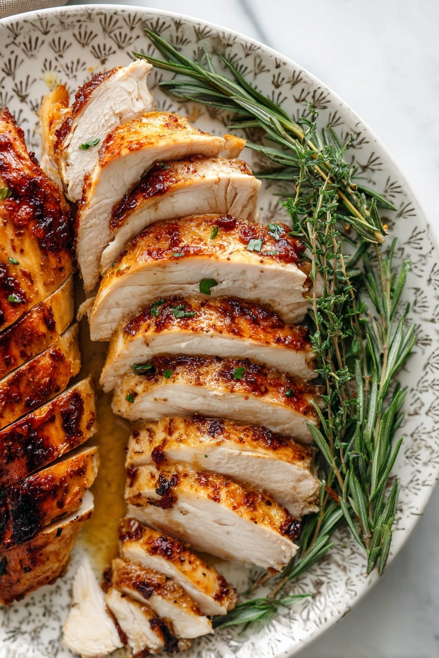 Perfect Roast Turkey Breast with Savory Gravy, turkey breast roast recipe, juicy turkey breast with gravy, oven-roasted turkey breast, easy holiday turkey recipe - The image shows sliced roasted chicken with golden brown, crispy skin and juicy white meat inside, arranged in two rows on a white patterned plate. The chicken slices have a slightly shiny texture from the glaze and small charred spots. Fresh green rosemary and thyme sprigs are placed on the right side of the plate, adding color and freshness. The plate is set on a white marbled surface. Photo taken with an iphone --ar 2:3 --v 7