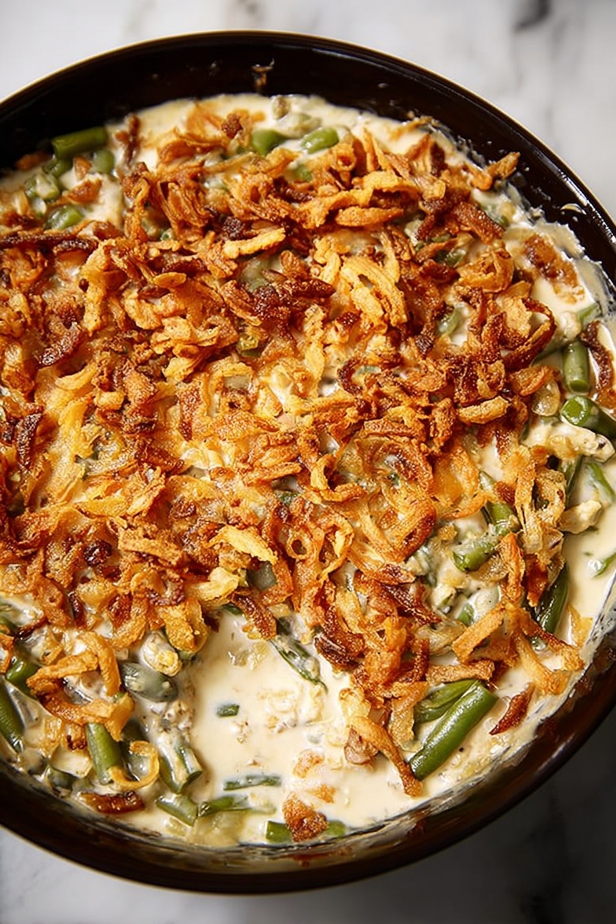 Green Bean Casserole with Bacon and Mushrooms, green bean casserole with bacon, bacon mushroom casserole, cheesy green bean side dish, holiday green bean casserole - The dish is a creamy casserole with visible layers of green beans mixed into a thick, light beige sauce. The top layer is covered with crispy golden-brown fried onions scattered unevenly across the surface. A spoon with a red handle is lifting a scoop from the center, showing a mix of green beans, sauce, and fried onions. The casserole is served in a dark round dish placed on a white marbled surface. The texture of the sauce looks smooth and rich, contrasting with the crunchy onion topping photo taken with an iphone --ar 2:3 --v 7