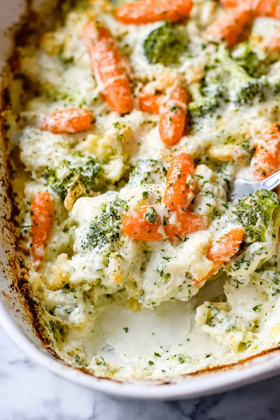 Creamy Vegetable Casserole with Cheese, cheesy vegetable bake, comforting veggie casserole, cheesy baked vegetable dish, easy vegetable casserole - The image shows a close-up of a creamy vegetable casserole in a white dish on a white marbled surface. The dish has three main visible layers: small bright orange baby carrots scattered on top, green broccoli florets mixed evenly through a thick white creamy sauce that covers the vegetables, and some hints of cauliflower underneath. The sauce looks smooth with a few herbs sprinkled on top, giving small green specks. The edges of the dish show slight browning from baking. A silver spoon is partially visible on the right side, scooping into the creamy vegetable mix. Photo taken with an iphone --ar 2:3 --v 7