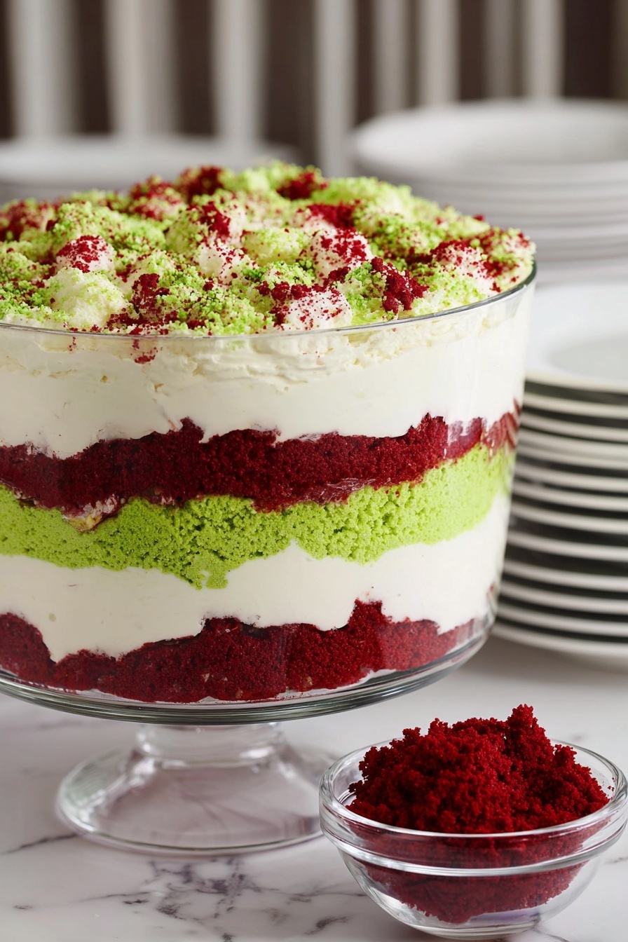 Christmas Red Velvet Trifle, festive red velvet dessert, holiday trifle recipe, Christmas layered cake, easy Christmas dessert - The dish is a layered trifle dessert in a clear glass bowl showing five layers: the bottom layer is deep red crumbly cake, followed by a thick white creamy layer, then a bright green crumbly cake layer, another thick white creamy layer above it, and finally topped with a mix of green and red crumbly cake bits scattered loosely on top. Next to the bowl is a small clear glass bowl filled with deep red cake crumbs. The dish is set on a white marbled surface with a blurred background of some stacked white plates. The textures show soft crumbs and smooth cream clearly. Photo taken with an iphone --ar 2:3 --v 7
