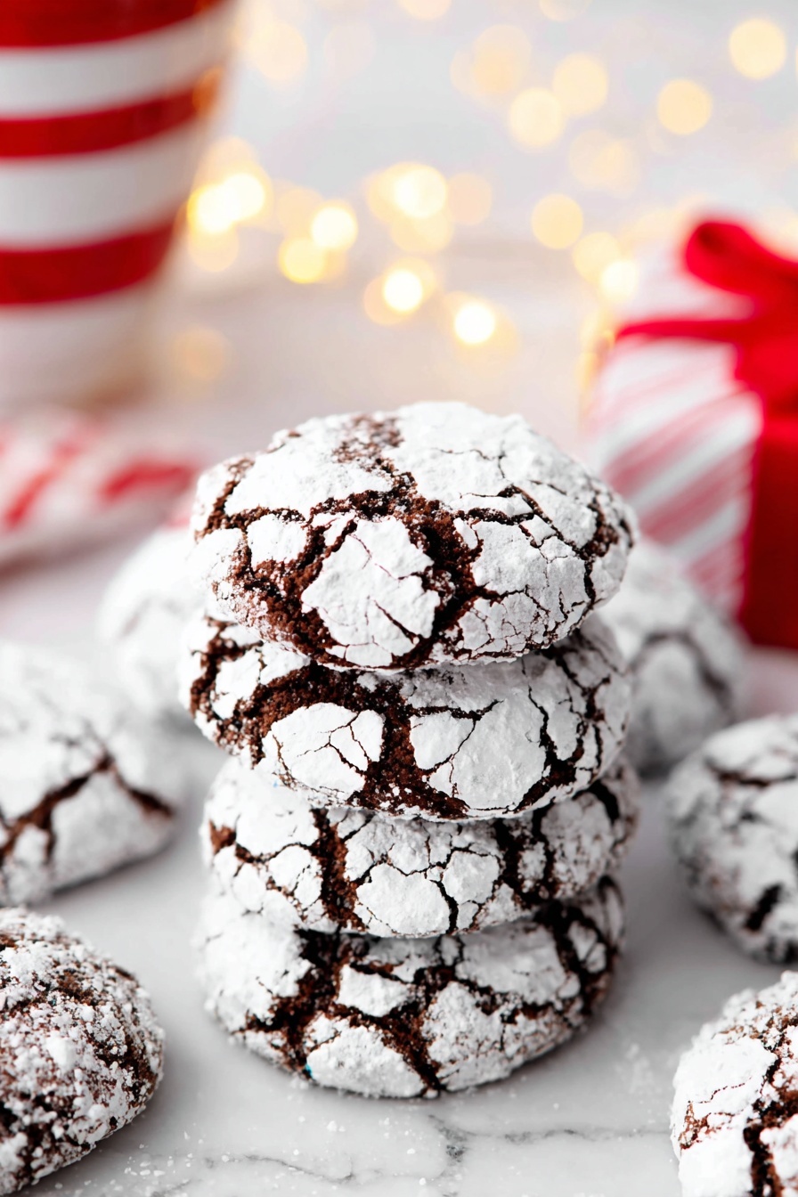 Chewy Chocolate Crinkle Cookies, chocolate crinkle cookies, fudgy cookie recipe, crackled chocolate cookies, best chocolate cookie recipe - A white plate holds a pile of dark brown chocolate cookies, each covered in a cracked white powdered sugar layer that creates a cracked pattern on top. The cookies are round and soft-looking, stacked so they overlap slightly. In the background, there is a blurred red and white striped cup and a small red and white wrapped gift, with warm yellow bokeh lights softly glowing on a white marbled surface. The scene feels bright and festive with a cozy holiday mood. photo taken with an iphone --ar 2:3 --v 7