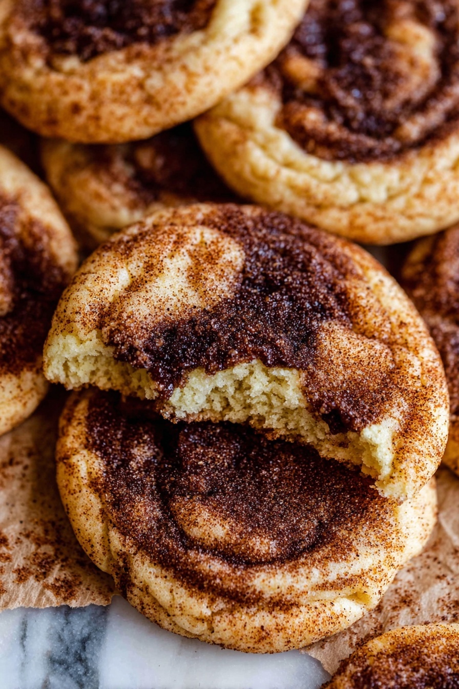 Cinnamon Filling Cookies, cinnamon cookies recipe, soft cinnamon cookies, homemade cinnamon cookies, buttery cinnamon cookies - The image shows a close-up of several small round pastries with a swirled pattern of light beige dough mixed with dark brown cinnamon and sugar filling. Each pastry has a slightly cracked and soft texture, with the dark brown filling concentrated mainly in the center and swirling outward into the lighter dough. The pastries are stacked closely together, filling the entire frame, and the surface they sit on is a white marbled texture. photo taken with an iphone --ar 2:3 --v 7
