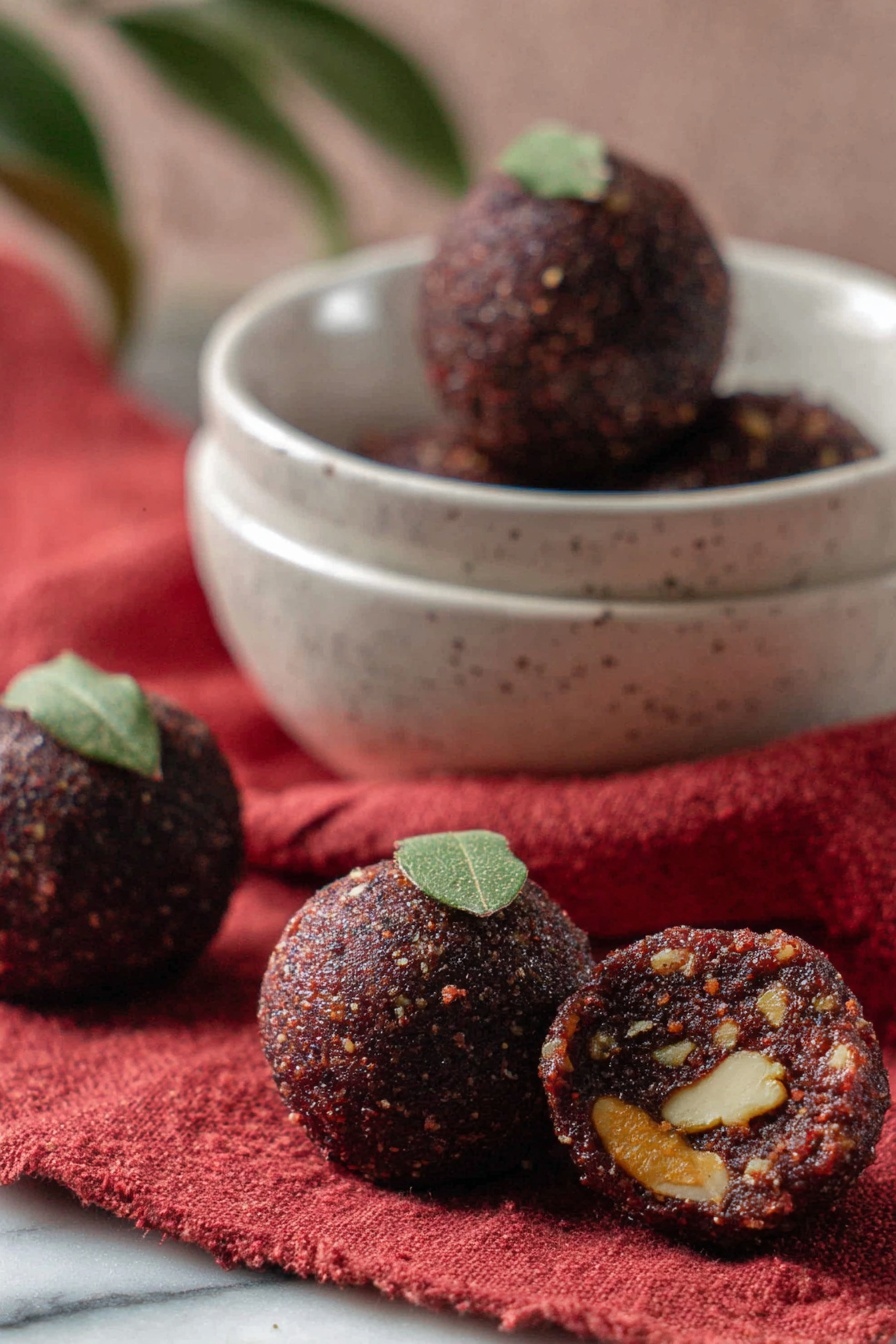 Festive Sugar Plum Balls, holiday treat ideas, no-bake holiday desserts, Christmas sweet treats, easy festive snacks - The image shows four small round dark brown sweets with a rough texture and some small light bits inside, placed on a white bowl and a red cloth. Two sweets are inside the bowl, each topped with a small green leaf, sitting close side by side. Two more sweets are on the red cloth next to the bowl, with one of them cut to show the inside, revealing a dense, nutty texture with pieces of light-colored nuts visible. The background is a white marbled texture with soft natural light, giving a cozy and warm feel. photo taken with an iphone --ar 2:3 --v 7