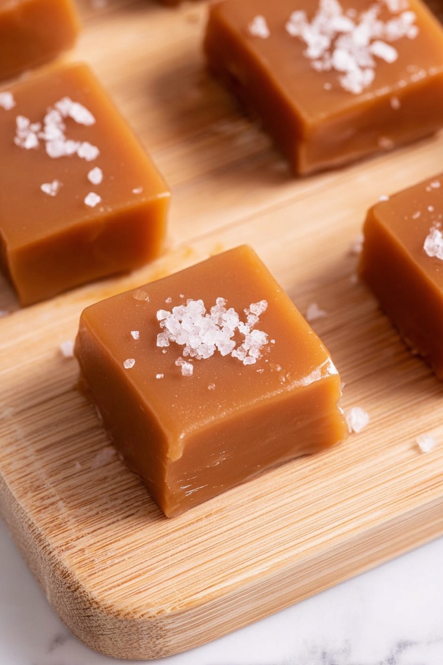Apple Cider Caramels, fall caramel candies, cozy caramel treats, homemade apple cider candies, spiced caramel confections - The image shows several square caramel candies placed on a light wood cutting board. Each caramel is smooth and glossy with a soft brown color and a slightly translucent texture. On top of each caramel are flakes of white sea salt, adding contrast and a rough texture against the smooth surface of the caramel. The candies are arranged close but not touching, and the cutting board has light grain patterns visible. The background is a white marbled texture. photo taken with an iphone --ar 2:3 --v 7