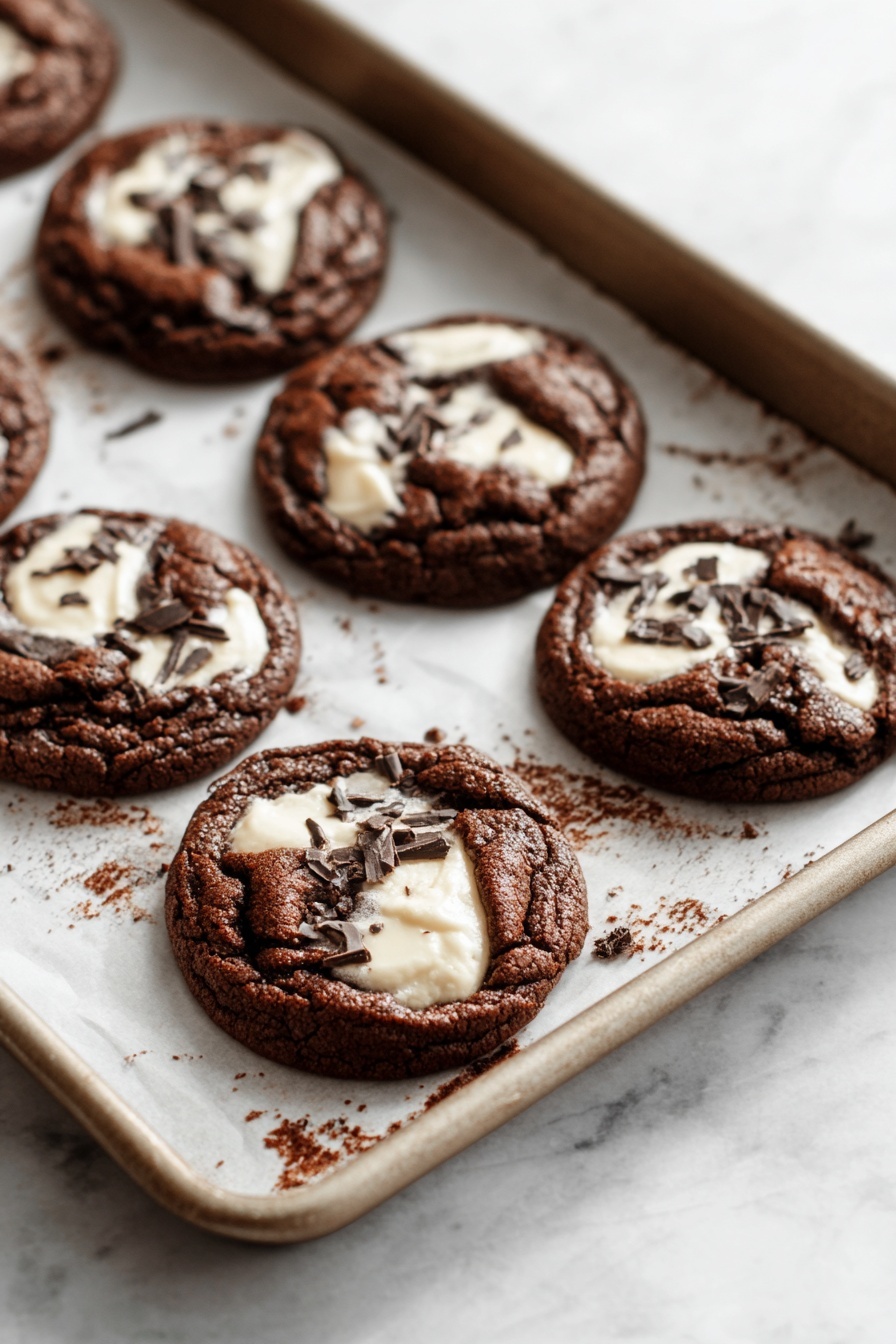 Chocolate Marshmallow Swirl Cookies, Chocolate Marshmallow Cookies, Fudgy Marshmallow Cookies, Easy Swirl Cookie Recipe, No-Bake Marshmallow Cookies - The image shows a baking tray with a white parchment paper lining, filled with round, soft-looking chocolate cookies. Each cookie has a dark brown base with patches of white creamy filling swirled in the center, some edges slightly cracked, with small pieces of chocolate scattered on top. The tray sits on a white marbled surface, and the cookies are arranged in two rows, some closer to the edge of the tray with crumbs around. The lighting highlights the different textures of the cookies, making the chocolate and cream colors clear and rich. Photo taken with an iphone --ar 2:3 --v 7