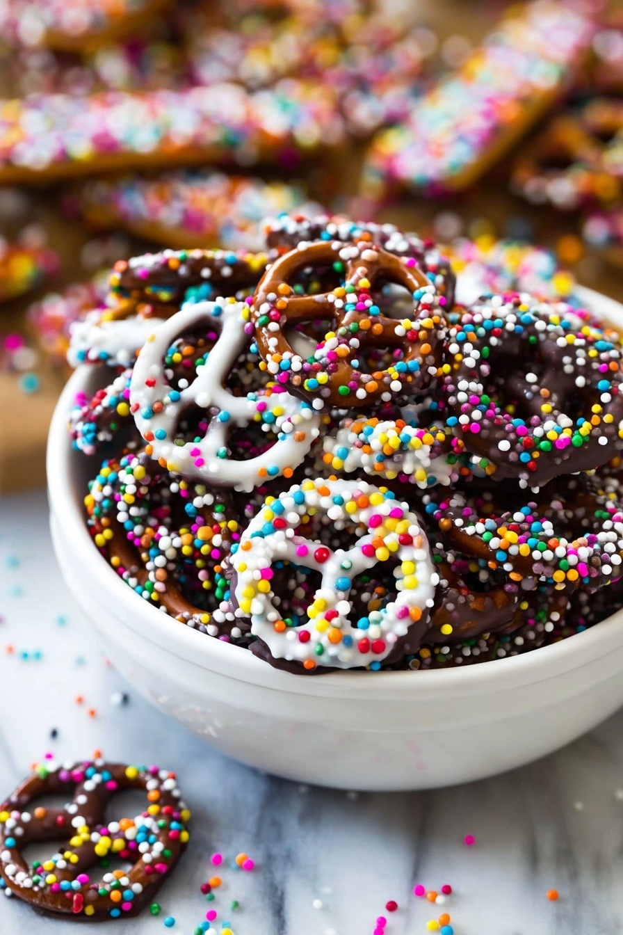 Chocolate Covered Pretzels, salty-sweet pretzel treats, homemade chocolate pretzels, easy pretzel snack, festive chocolate pretzels - A white plate filled with two types of pretzels and pretzel sticks. One type of pretzel is coated in smooth white chocolate with red, green, and white round sprinkles scattered evenly. The other type is coated in dark chocolate with the same colored round sprinkles. Alongside the pretzels, there are six pretzel sticks dipped partially in white or dark chocolate, decorated with red, green, white round and long sprinkles, and lightly sprinkled golden sugar crystals on the pretzels' light brown exposed parts. The plate sits on a white marbled surface with some pine green branches visible at the bottom right corner. Photo taken with an iphone --ar 2:3 --v 7