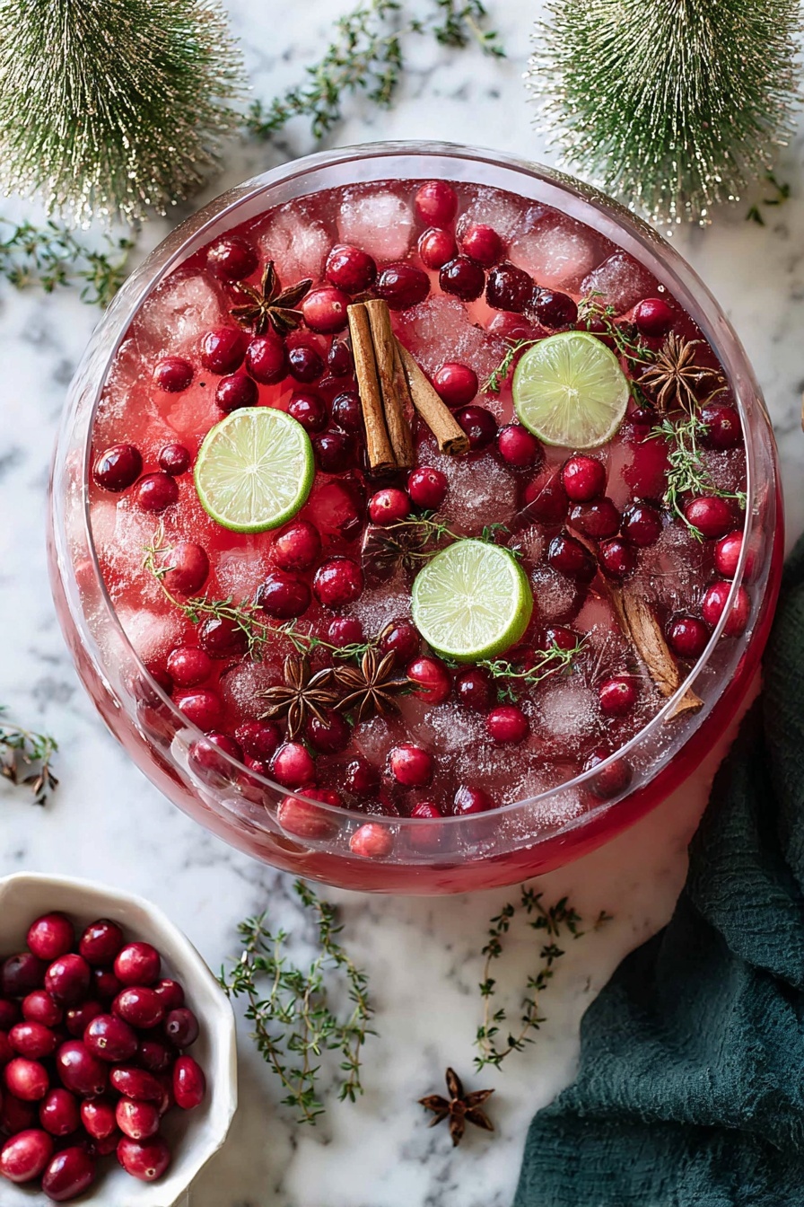 Festive Cranberry Ginger Punch, non-alcoholic holiday drinks, holiday party punch, easy festive punch, cranberry ginger punch recipe - A clear glass bowl filled with a red drink layered with crushed ice, floating whole bright red cranberries, three brown cinnamon sticks, four round green lime slices, small green sprigs resembling thyme, and small star-shaped brown star anise. The bowl sits on a table with a white marbled texture. Nearby, there is a small white bowl filled with red cranberries. Around the bowl, there are small artificial green pine tree decorations and some scattered green sprigs. A dark green cloth is partially visible in the lower right corner. Photo taken with an iphone --ar 2:3 --v 7