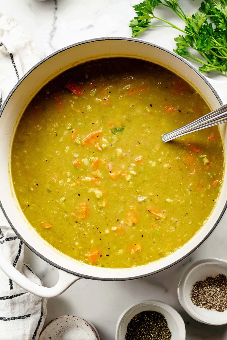 Creamy Split Pea Soup with Ham, hearty split pea soup, ham and pea soup, comfort food recipes, easy ham split pea soup - A large white pot filled with thick green split pea soup, showing small orange carrot pieces and light brown bits spread throughout the smooth, slightly chunky soup. A silver ladle is dipped into the soup on the right side. Around the pot, there are small white bowls with black pepper and chopped green herbs, and a white marbled surface underneath. Some green parsley leaves appear in the upper part of the image, and a white cloth with black stripes is visible on the left. photo taken with an iphone --ar 2:3 --v 7