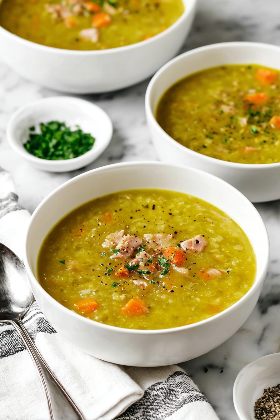 Creamy Split Pea Soup with Ham, hearty split pea soup, ham and pea soup, comfort food recipes, easy ham split pea soup - The image shows a white bowl filled with thick yellow-green soup that has small pieces of orange carrot and light pink chunks of meat inside. The soup is topped with small green herb bits and black pepper. Another bowl of the same soup is behind it, slightly out of focus. To the right side, there are two small white bowls, one filled with chopped green herbs and the other with coarse salt and pepper. A silver spoon rests beside the front bowl on a white cloth with black stripes, all placed on a white marbled surface. Photo taken with an iphone --ar 2:3 --v 7