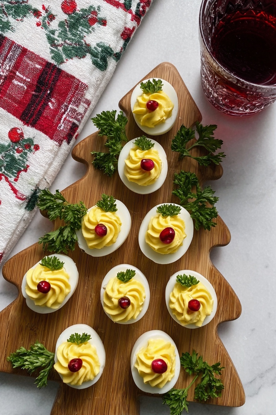 Festive Christmas Deviled Eggs, Christmas appetizer ideas, holiday party finger foods, holiday deviled eggs, festive egg recipes - There is a wooden board shaped like a Christmas tree holding fifteen deviled eggs arranged in neat rows. Each egg is halved with a smooth white outer layer of egg white, filled with a swirled, creamy light yellow yolk mixture. On top of each yolk filling sit three small, shiny red pomegranate seeds and a small green leafy garnish, likely parsley, giving a fresh and festive look. The board is placed on a white marbled surface, next to a red and green Christmas light decoration, a plaid candle with three flames, and a white cloth with red bows and green leaves pattern. photo taken with an iphone --ar 2:3 --v 7