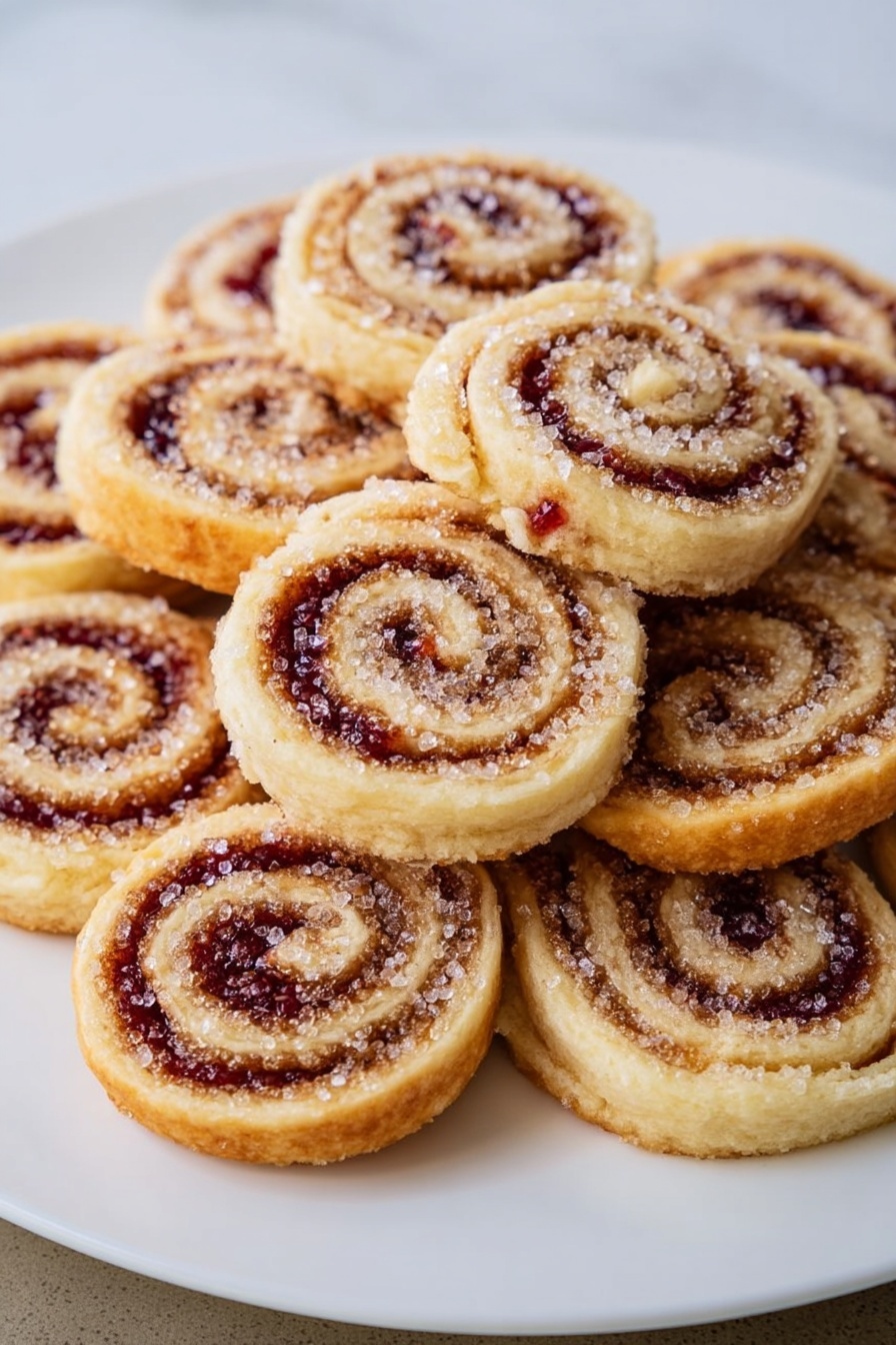 Raspberry Pinwheel Cookies, raspberry swirl cookies, buttery swirl cookies, festive holiday cookies, walnut jam cookies - A white plate filled with about a dozen round pastry pinwheels stacked in a small pile. Each pinwheel has a light golden dough base rolled with layers of dark red jam and a cinnamon-brown filling creating a spiral pattern. Large white sugar crystals are sprinkled on top of the pinwheels, adding a rough, crunchy texture that sparkles under light. The plate sits on a white marbled surface. Photo taken with an iphone --ar 2:3 --v 7