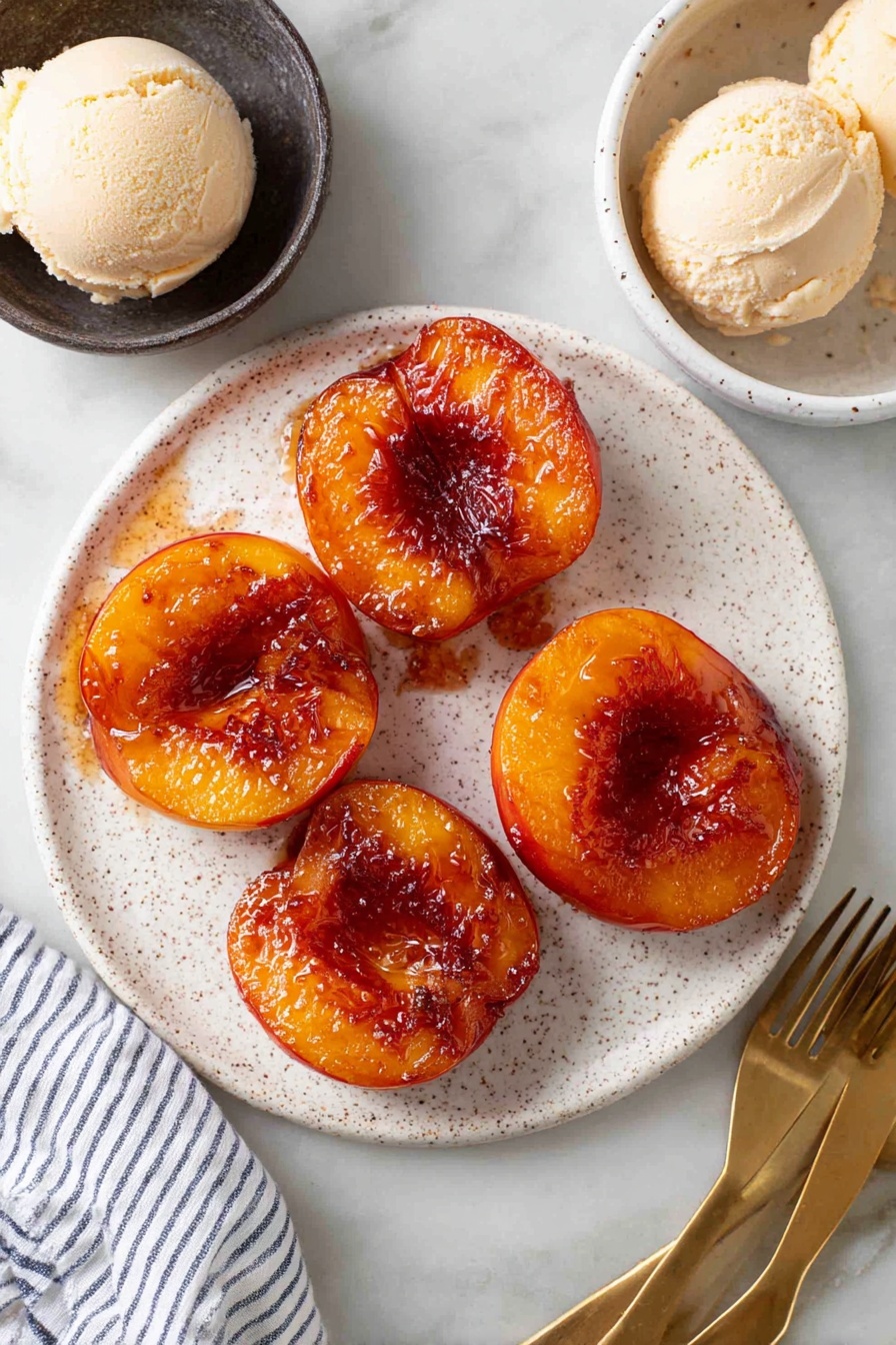 Air Fryer Cinnamon Peaches, Cinnamon Peach Dessert, Easy Air Fryer Fruit Recipe, Caramelized Peaches in Air Fryer, Quick Peach Dessert - The image shows five cooked peach halves with a shiny, caramelized reddish-brown glaze on a round white speckled plate. Each peach half has a golden-orange color with a darker brown edge and a glossy wet center. The plate sits on a white marbled surface, and to the top left, there is a small dark bowl containing two rounded scoops of pale cream-colored ice cream. To the top right, a white speckled bowl holds three gold forks. In the bottom left corner, a white fabric with navy blue stripes is visible. photo taken with an iphone --ar 2:3 --v 7