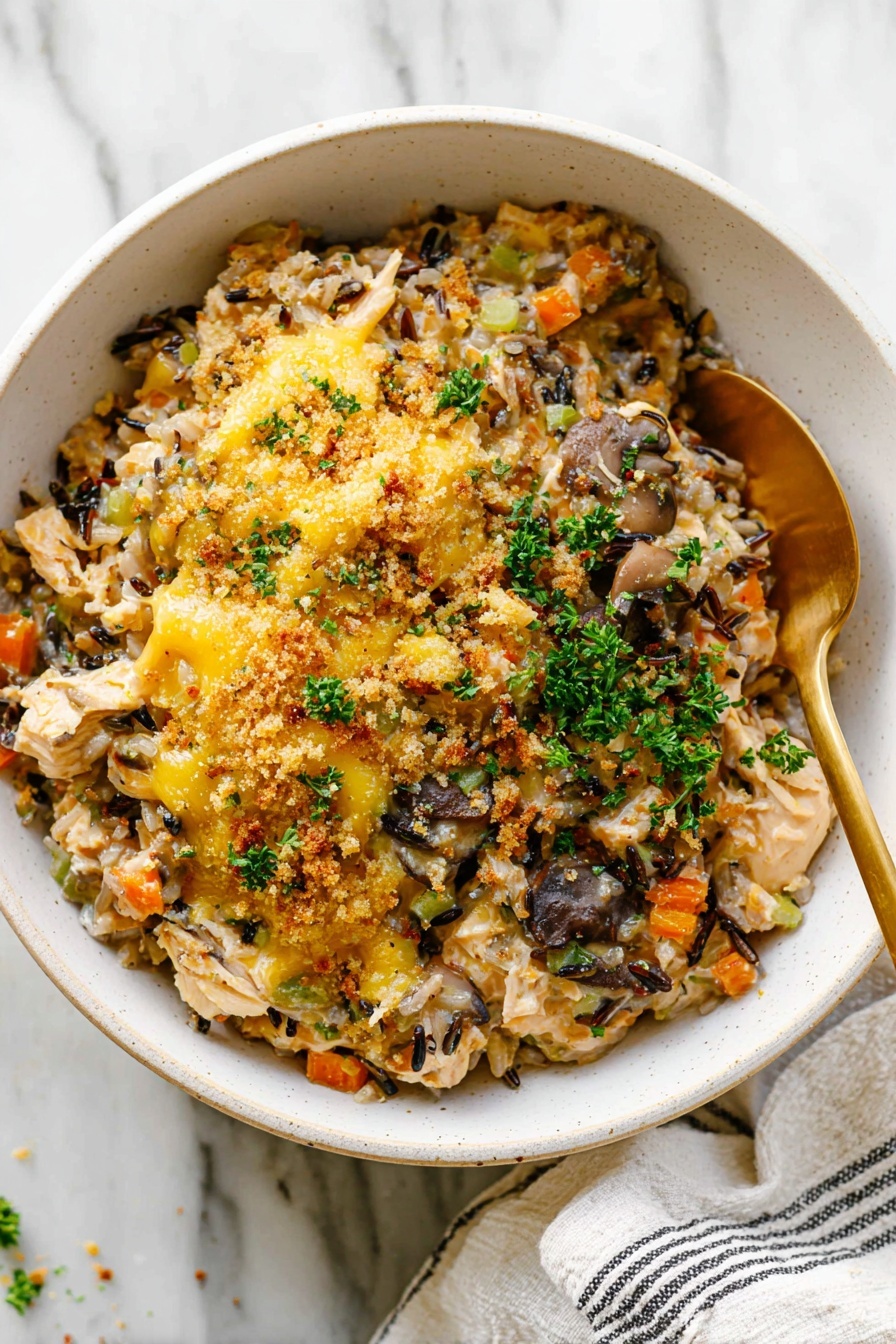 Creamy Chicken Wild Rice Casserole, chicken wild rice bake, hearty chicken casserole, comforting wild rice dish, easy chicken casserole recipe - A white bowl filled with a creamy dish that has three main layers: the bottom layer is a mix of wild rice and small diced orange and light green vegetables, the middle layer contains tender pieces of light brown chicken and browned mushroom slices, and the top layer is covered with melted yellow cheese, green parsley, and golden breadcrumbs sprinkled evenly. A gold spoon is placed inside the bowl on the right side, and the bowl sits on a white marbled surface with a white cloth featuring dark stripes nearby, photo taken with an iphone --ar 2:3 --v 7