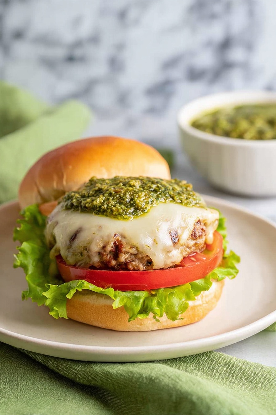 Chicken Spinach Burgers with Mozzarella, healthy chicken burger recipes, easy spinach burger ideas, cheesy chicken burger recipes, nutritious burger dishes - A burger sits on a white plate with a white marbled surface beneath, showing four main layers. The bottom layer is a light golden brown bun with a soft texture, topped with a fresh, bright green leaf of lettuce. Above the lettuce is a thick, red slice of tomato. On top of the tomato is a grilled patty with a slightly browned and textured surface, covered with melted white cheese that softly drapes over the edges. The top layer is a generous amount of green pesto sauce spread on the melted cheese. The top half of the bun is placed slightly behind the plate. In the background, to the right, there is a white bowl filled with the same green pesto sauce, and a green cloth is draped partly under the plate. Photo taken with an iphone --ar 2:3 --v 7