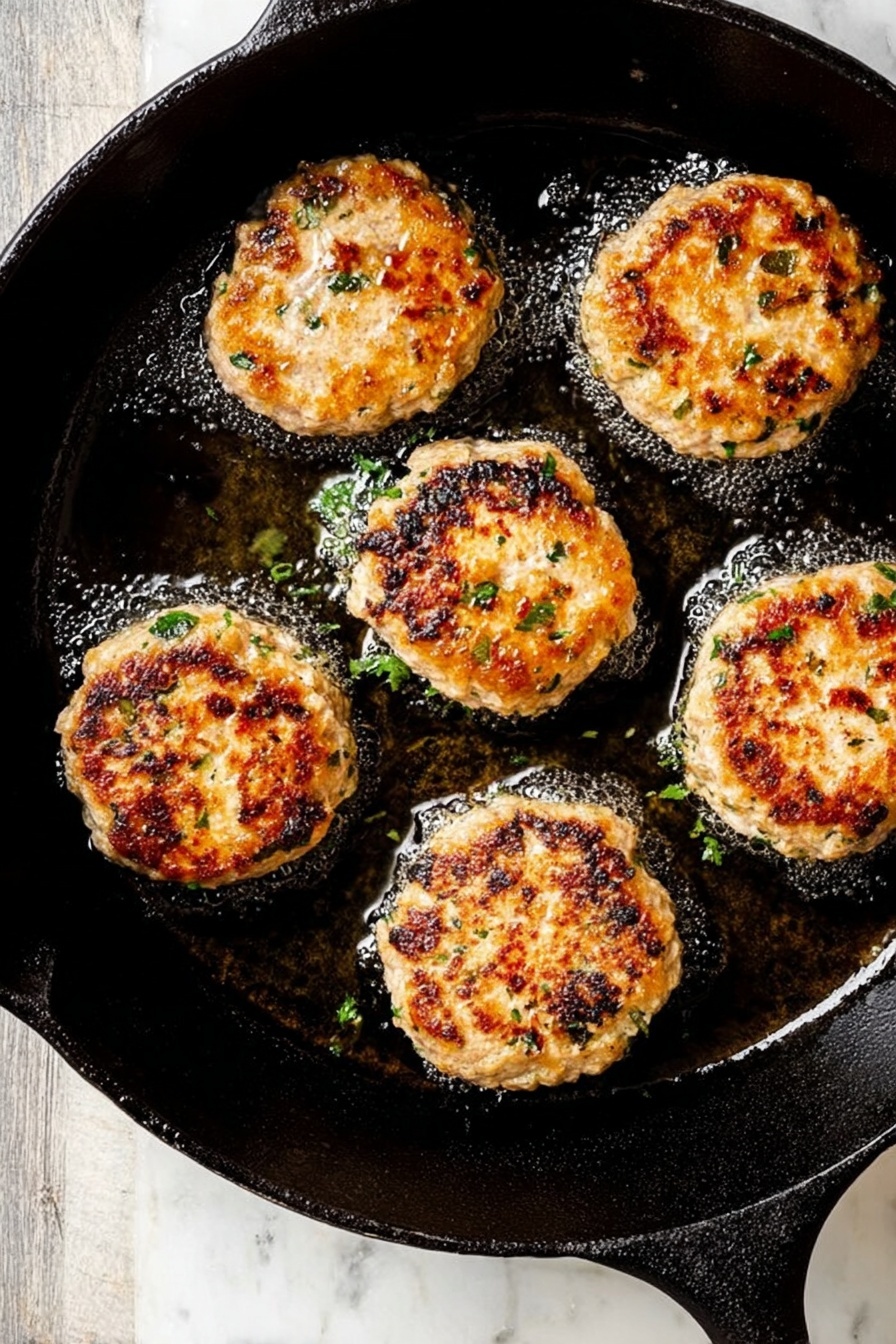 Mediterranean Chicken Patties, Greek chicken patties, healthy chicken patties, easy Mediterranean dinner, flavorful chicken burger - There is a black cast iron pan with six small round patties frying in oil. The patties are golden brown with some darker brown spots and have small green herb pieces mixed inside. The surface of the patties looks slightly rough with a cooked texture. The pan is placed on a white marbled surface. photo taken with an iphone --ar 2:3 --v 7