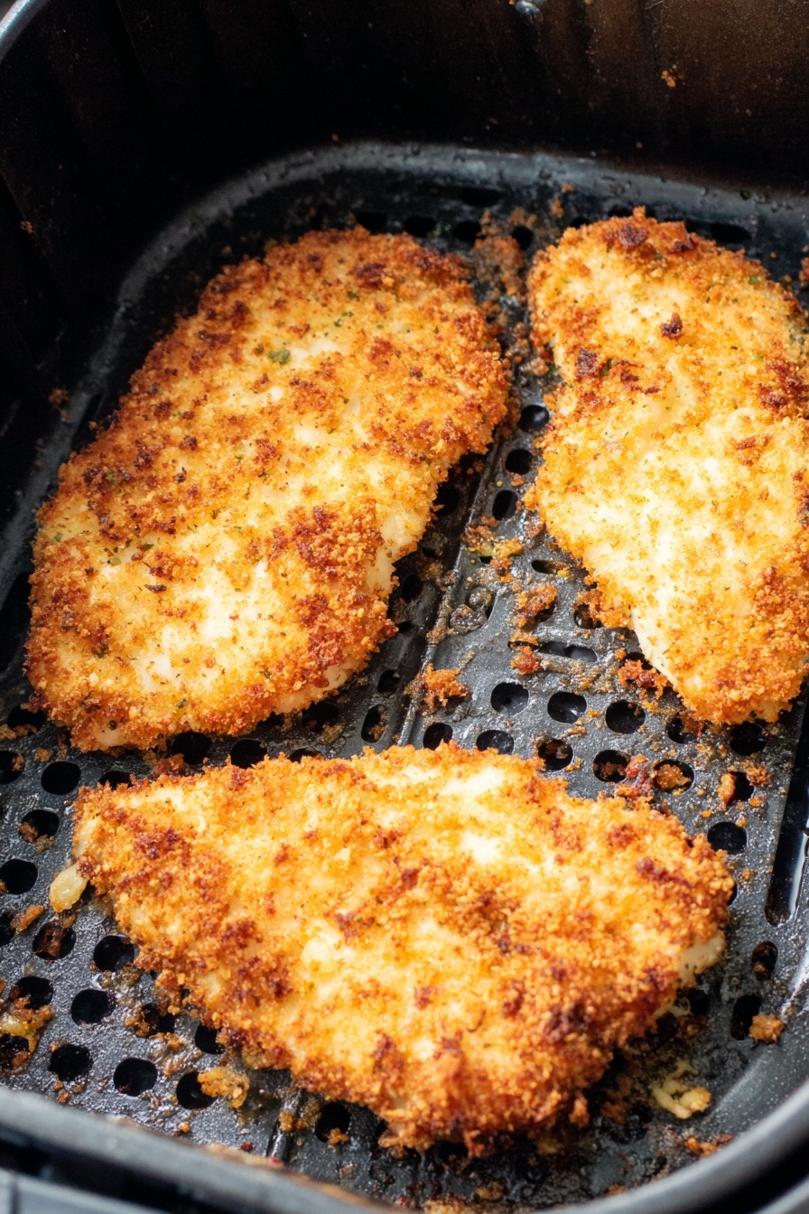 Air Fryer Parmesan Chicken, Crispy Chicken Breast, Juicy Air Fryer Chicken, Easy Chicken Dinner, Healthy Chicken Recipes - Inside a black air fryer basket, there are three pieces of breaded and cooked chicken, each with a golden brown crunchy coating that has some darker crispy spots. The pieces are uneven in shape, with one noticeably larger and placed near the bottom center, while the other two are smaller and positioned toward the top left and right corners. Small crumbs and bits of the coating are scattered around the chicken on the base of the basket, which has a slightly shiny black metal grid design and ventilation holes. The scene is brightly lit, showing texture details of the crispy surface and the basket's interior. photo taken with an iphone --ar 2:3 --v 7