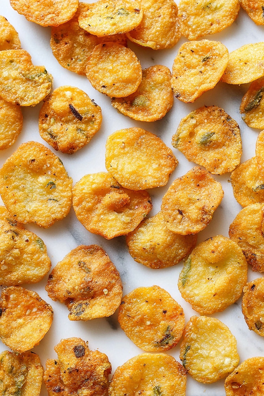 Crispy Fried Pickles with Dipping Sauce, easy fried pickle appetizer, crunchy pickle recipe, homemade fried pickles, flavorful dipping sauce - The image shows many small, round, golden-brown fried snacks scattered evenly on a white marbled surface. Each piece has a rough, crispy texture with some darker spots and light seasoning visible. The color ranges from light yellow to golden with hints of green near the edges, showing slight oiliness that gives a shiny finish. The snacks vary in size and shape, but all are thin and appear crunchy without any layers or toppings. Photo taken with an iphone --ar 2:3 --v 7