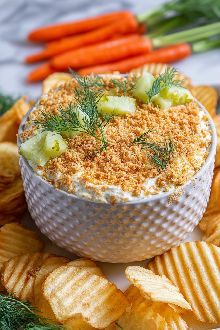 Fried Pickle Dip, fried pickle dip recipe, crispy pickle dip, tangy appetizer, party dip ideas - A white textured bowl with a honeycomb pattern is filled with a creamy white dip topped with a layer of light brown crumbs evenly spread across the surface. Small green pickle chunks and sprigs of fresh dill are scattered on top of the crumbs, adding pops of green. The bowl is surrounded by golden, ridged potato chips and a bunch of fresh orange baby carrots, all placed on a white marbled surface. Photo taken with an iphone --ar 2:3 --v 7