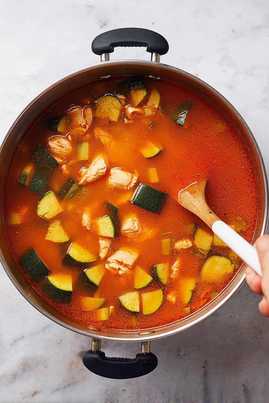 Healthy Chicken Soup, healthy chicken soup recipe, nourishing chicken soup, easy chicken soup, wholesome chicken soup - A stainless steel pot filled with a bright orange-red soup that has a thin, clear texture. Inside the soup, there are medium-sized chunks of light brown cooked chicken, small pieces of dark green and light green zucchini cubes floating evenly across the surface, and some small bits of orange carrot visible under the soup. A wooden spoon with a white tip is being held by a woman's hand, stirring gently near the right side of the pot. The pot is placed on a white marbled surface, and its black handles are visible on both sides. Photo taken with an iphone --ar 2:3 --v 7