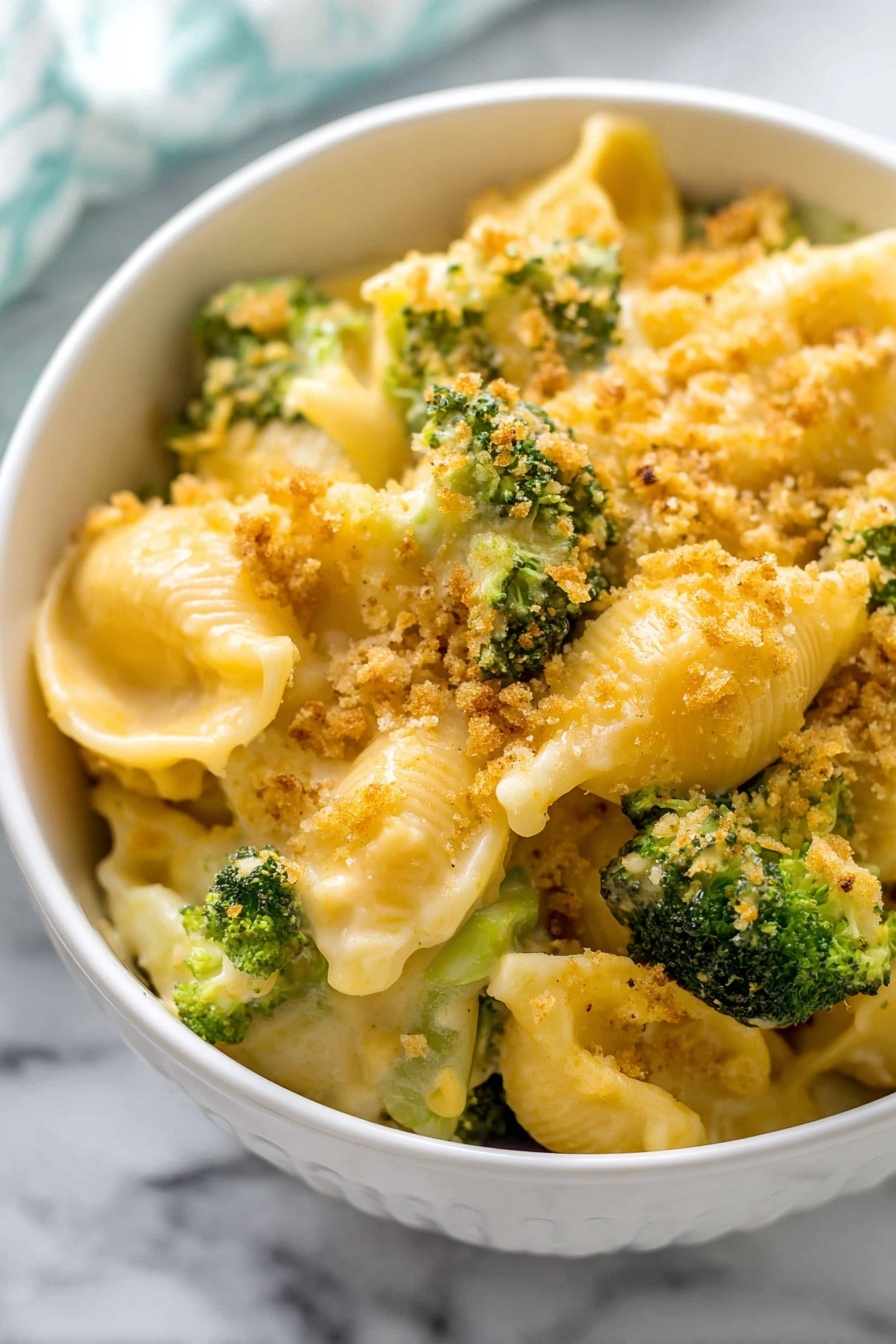 Baked Broccoli Mac and Cheese, Broccoli Mac and Cheese, Cheesy Broccoli Pasta Bake, Baked Mac and Cheese with Broccoli, Easy Broccoli Mac and Cheese - A white bowl filled with a creamy cheesy pasta dish showing three main layers: large pasta shells coated in a smooth yellow cheese sauce form the base layer; green broccoli florets with bright green color and slightly textured surfaces sit mixed in the middle layers; and the top layer is sprinkled with golden crispy bread crumbs adding a crunchy texture on top. The bowl is on a white marbled surface, with soft natural light enhancing the glossy cheese and the fresh broccoli. photo taken with an iphone --ar 2:3 --v 7