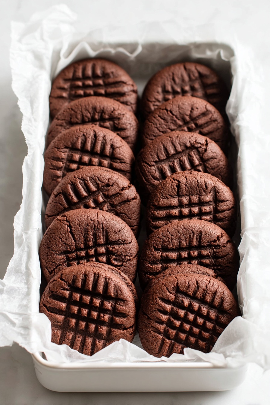 Chocolate Peanut Butter Cookies, peanut butter chocolate cookies, easy chocolate cookies, soft peanut butter cookies, fudgy peanut butter cookies - A row of thick, round chocolate cookies with a soft texture is neatly arranged inside a white rectangular tray lined with white parchment paper, each cookie showing a simple crisscross pattern pressed into the top. The cookies have a rich dark brown color and are packed closely together in two layers, filling the tray fully, set on a white marbled surface. Photo taken with an iphone --ar 2:3 --v 7