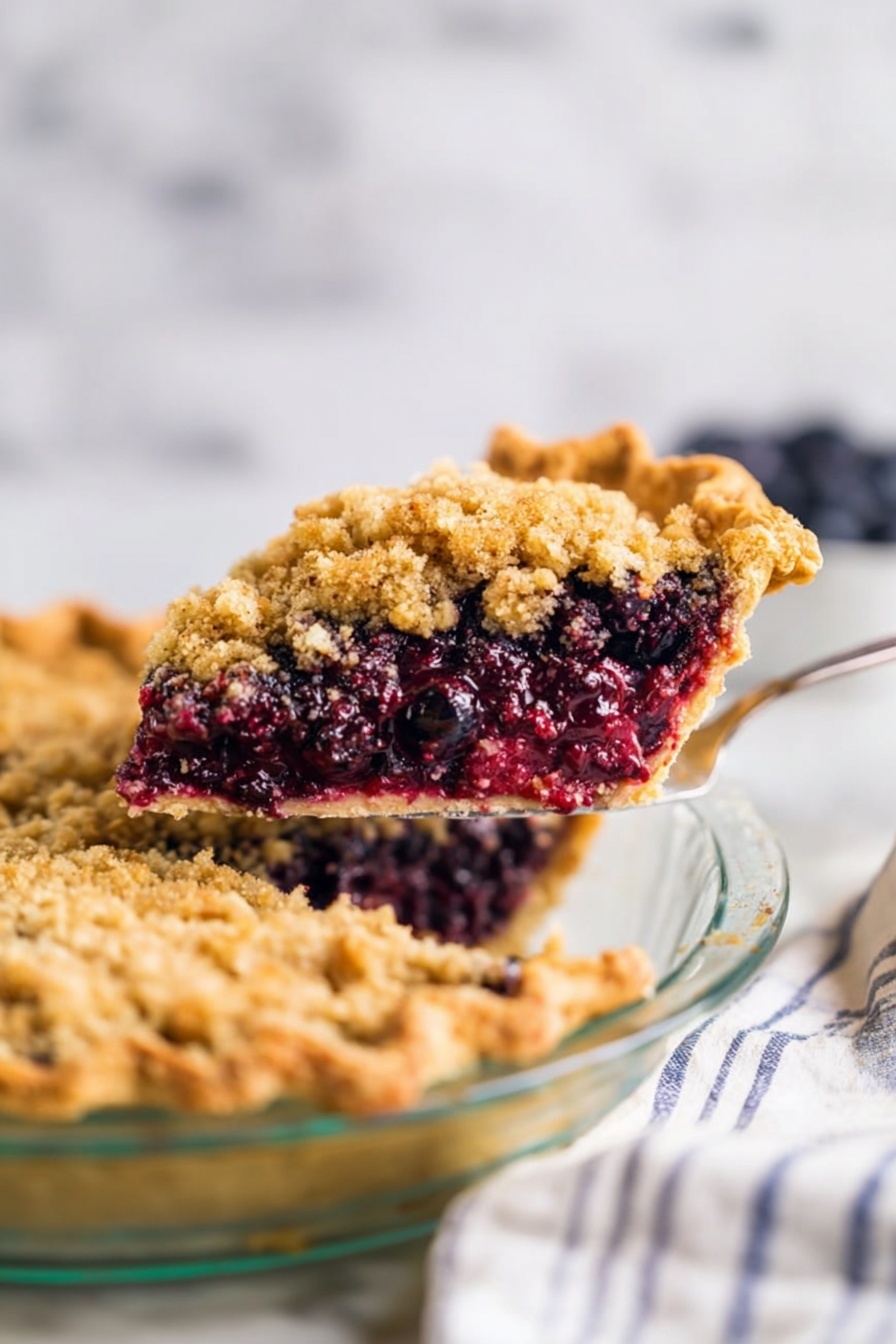 Blueberry Pie with Crumb Topping, blueberry pie recipe, easy blueberry dessert, fresh blueberry pie, homemade fruit pie - The image shows a slice of berry crumble pie lifted above the rest of the pie in a clear glass pie dish. The pie has three layers: a golden, flaky crust on the bottom with a slightly crimped edge, a thick middle layer of dark purple mixed berries that look juicy, and a crumbly golden brown streusel topping covering the berries. The background is softly blurred with a white marbled surface and a soft cloth with blue stripes. The photo taken with an iphone --ar 2:3 --v 7