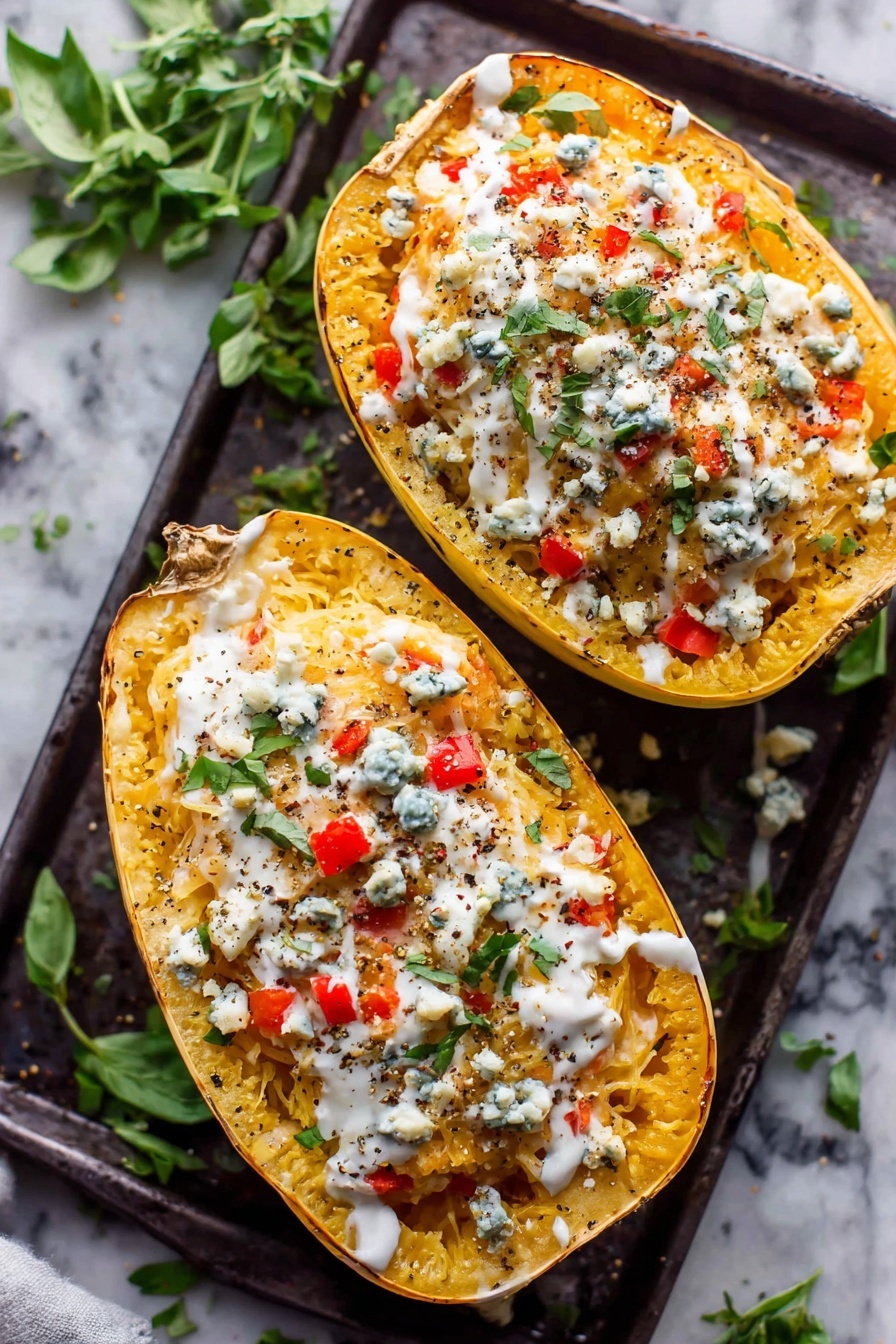 Buffalo Chicken Stuffed Spaghetti Squash, healthy buffalo chicken dinner, spicy stuffed squash recipe, low-carb buffalo chicken meal, easy baked spaghetti squash - Two halves of a spaghetti squash filled with a creamy orange mixture of spaghetti squash strands, small diced red bell peppers, and melted cheese, topped with crumbles of blue cheese and fresh green herbs. A white creamy sauce is drizzled over the top with a sprinkle of black pepper, all resting on a dark baking tray with scattered fresh herb leaves around it, placed on a white marbled surface. photo taken with an iphone --ar 2:3 --v 7