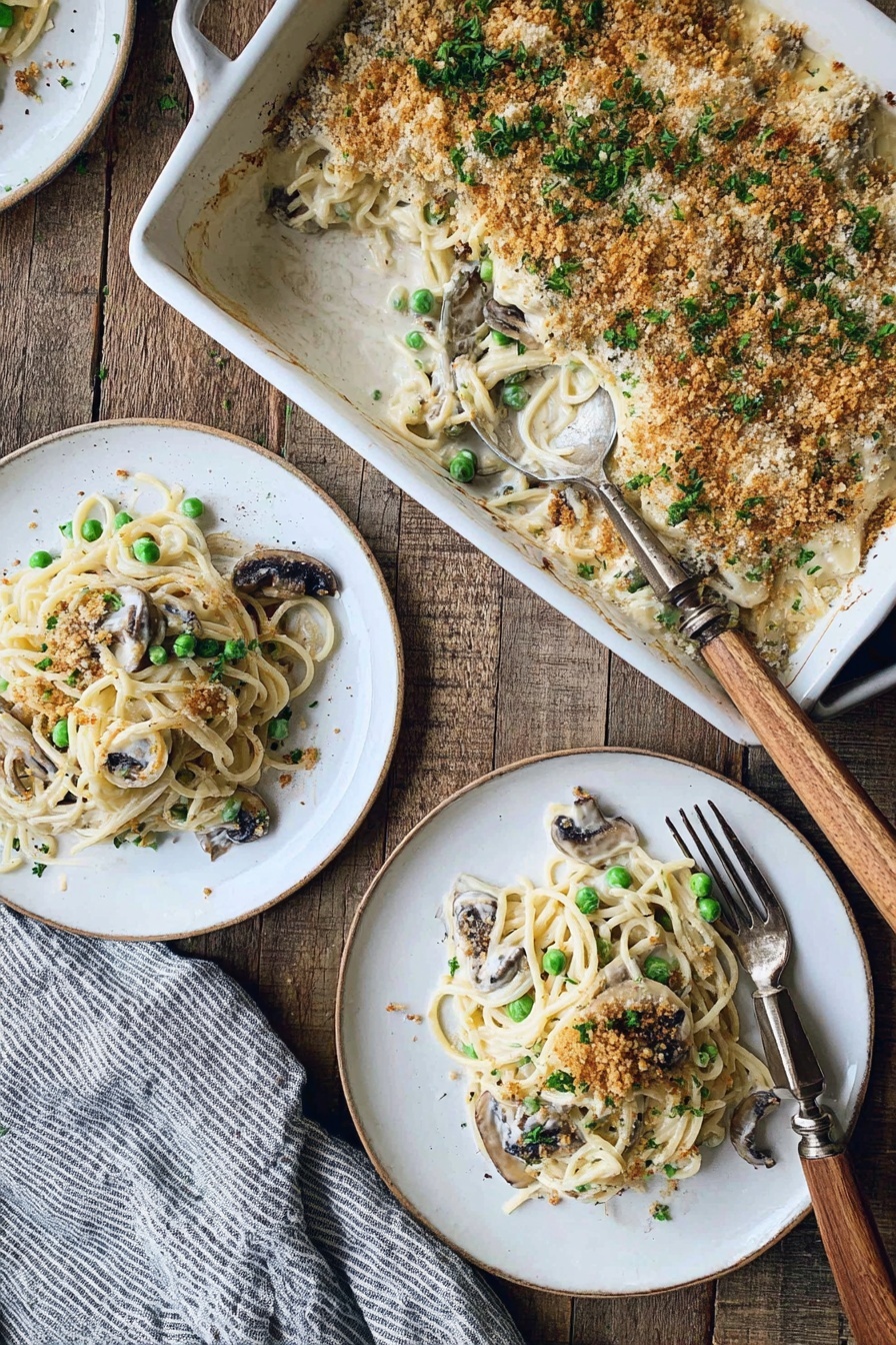 Creamy Turkey Mushroom Tetrazzini, turkey pasta bake, comforting pasta casserole, creamy mushroom sauce, leftover turkey recipes - The image shows a white rectangular baking dish filled with a creamy spaghetti casserole topped with a golden brown breadcrumb crust and sprinkled with chopped green herbs. Inside the dish, there are visible green peas and slices of dark mushrooms mixed with the creamy pasta. Two servings of the casserole have been plated separately on white round plates, each layered with creamy white sauce spaghetti, green peas, and mushrooms, and garnished with crumbs and herbs. A silver fork with a wooden handle rests on the main plate. The setting is on a rustic wooden table with a gray and white striped cloth nearby. Photo taken with an iphone --ar 2:3 --v 7