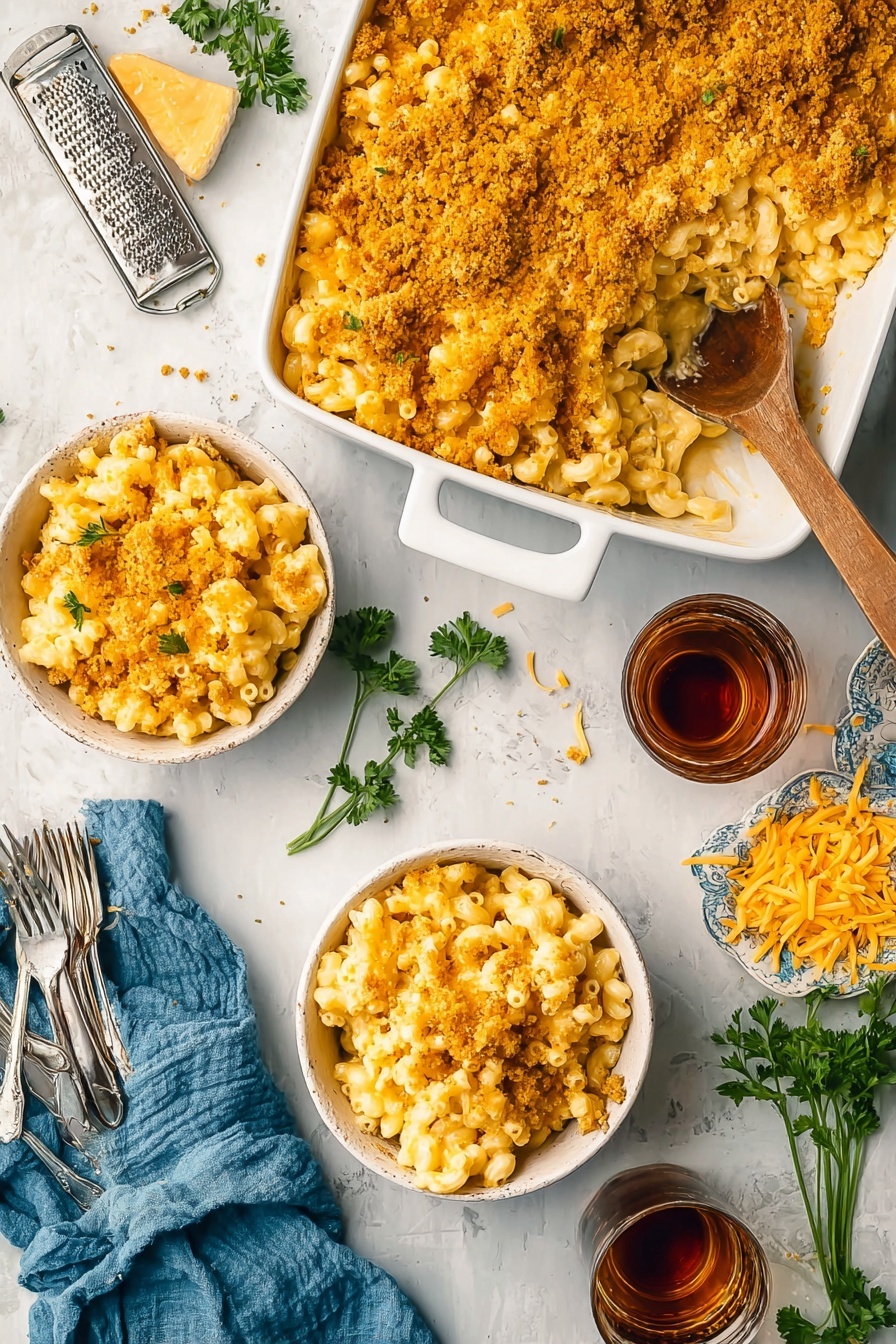 Decadent Mac and Cheese Bake, cheesy baked mac and cheese, easy comfort food recipes, creamy baked pasta, best mac and cheese dishes - The image shows a white baking dish filled with macaroni and cheese, topped with a golden-brown crumbly layer. The top right corner is scooped out by a wooden spoon, revealing creamy cheese-covered macaroni underneath. Two white bowls each hold a serving of the macaroni and cheese with the same crumb topping, placed above and below the baking dish. The scene also includes a blue cloth napkin on the left, three silver forks lined up below the left bowl, a pile of shredded cheddar cheese and a metal grater on the bottom right, and two clear glasses of dark amber liquid near the bowls. Fresh green parsley sprigs are scattered around for decoration, all on a white marbled surface. Photo taken with an iphone --ar 2:3 --v 7