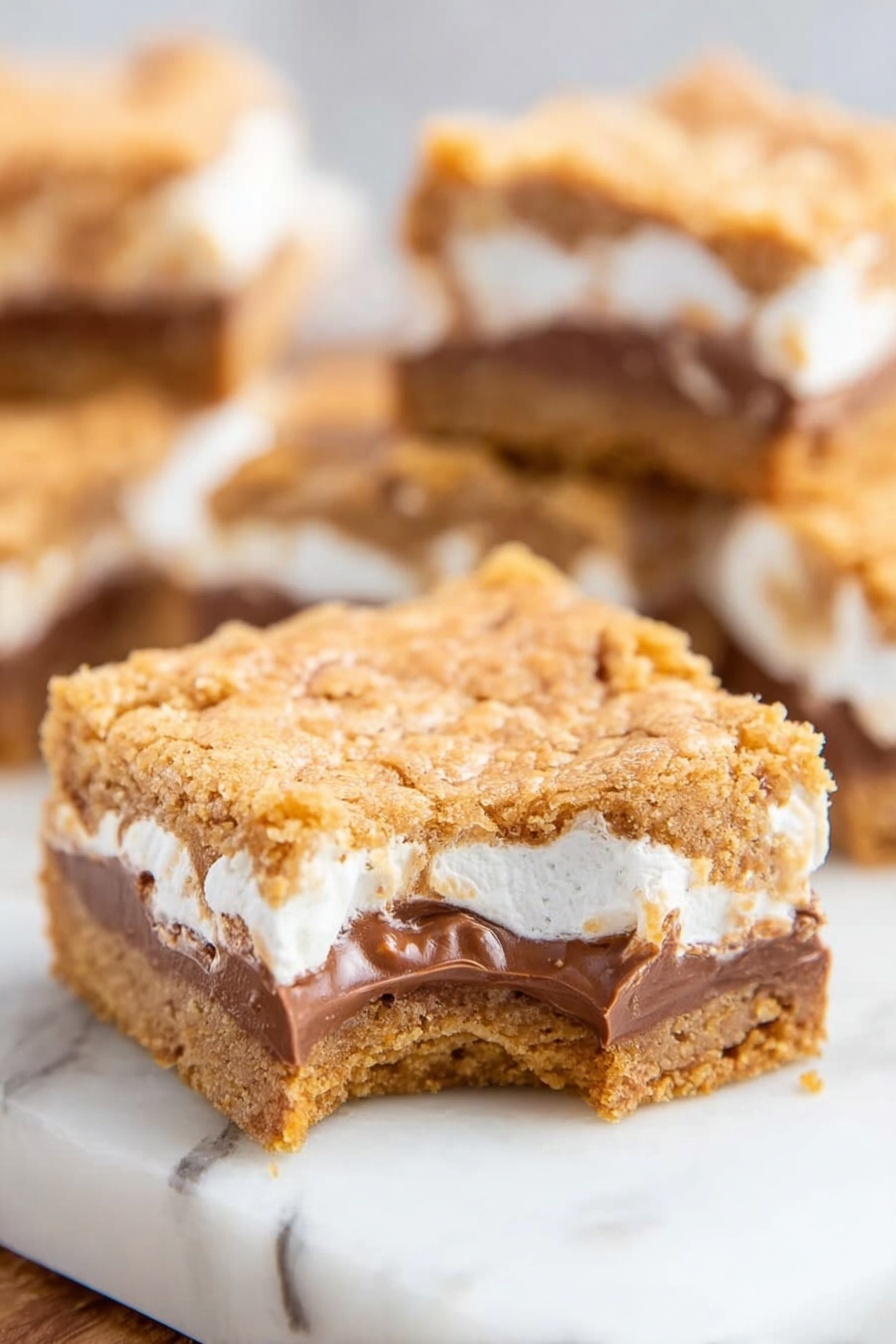 Cookie Butter S'mores Blondies, cookie butter blondies, s'mores blondies recipe, easy blondies with cookie butter, decadent s'mores dessert - The image shows a close-up of a stack of three dessert bars. Each bar has three visible layers: a bottom cookie dough layer that is light brown and slightly crumbly, a middle layer with melted dark chocolate that looks thick and smooth, and a top layer of marshmallow which is white and fluffy with patches of light golden brown cookie dough spread unevenly on top. The bars are stacked on a white marbled surface with a blurred background. The drawing captures the soft and chewy texture of each layer. Photo taken with an iphone --ar 2:3 --v 7