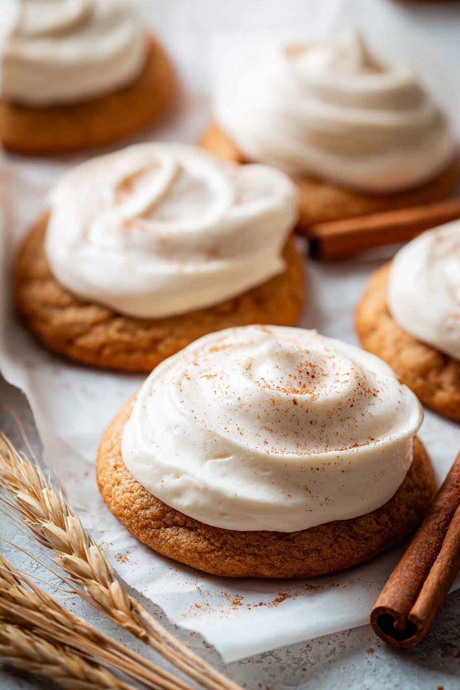 Pumpkin Cookies with Cream Cheese Frosting, fall pumpkin cookie recipes, soft pumpkin cookies, pumpkin spice cookies,cream cheese frosting desserts - The image shows soft round cookies with a light brown color, each topped with a thick swirl of creamy white frosting. The frosting is smooth with gentle peaks and is sprinkled lightly with a fine dusting of cinnamon or similar brown spice. The cookies are placed close together on a white parchment paper inside a tray, with some cinnamon sticks and wheat stalks on the side. The background is a white marbled surface, adding a clean, bright feel to the scene. The focus is on the cookie in front, showing the smooth texture of frosting and the slightly rough surface of the cookie beneath. photo taken with an iphone --ar 2:3 --v 7
