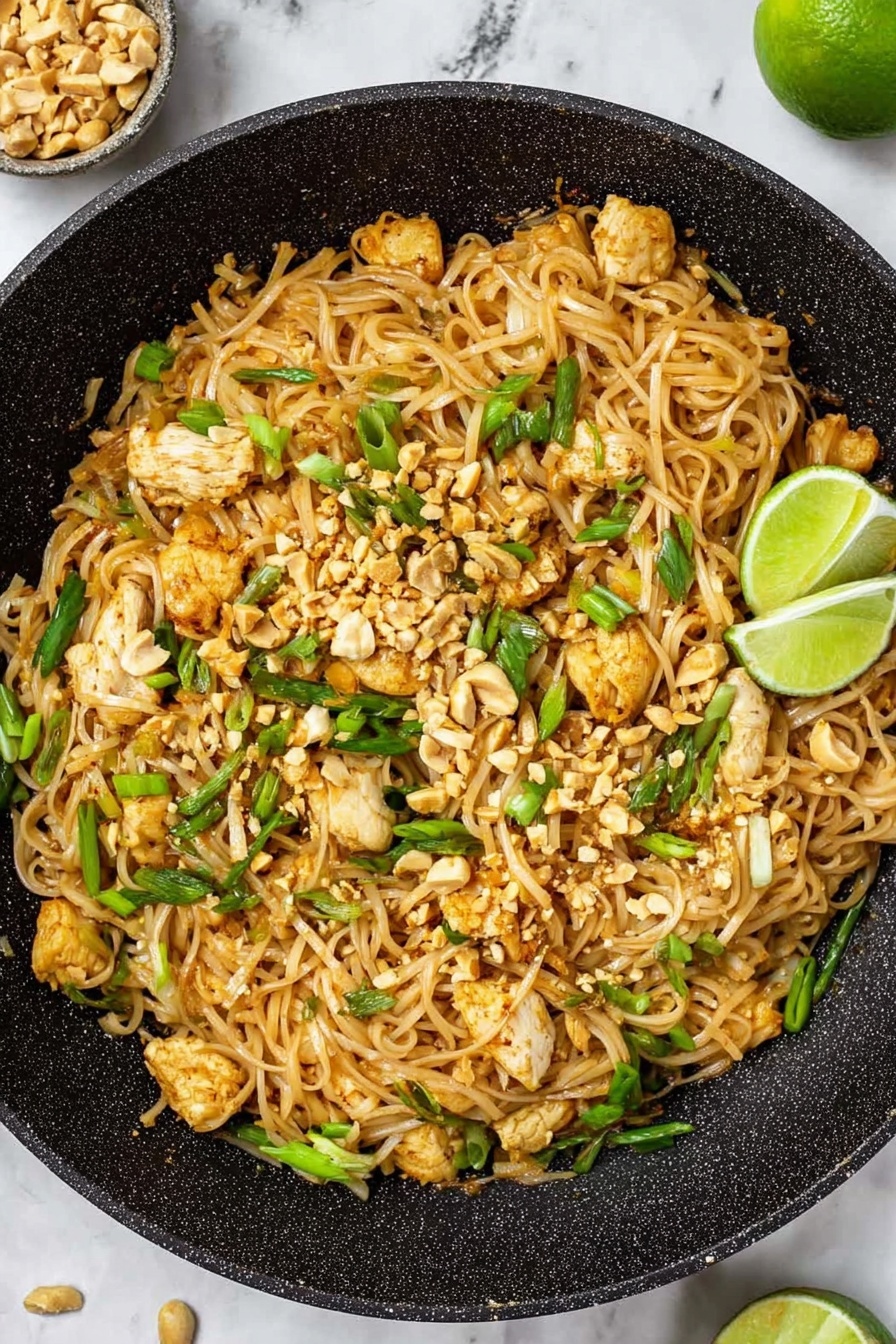 Easy Chicken Pad Thai, Thai Chicken Pad Thai, homemade Pad Thai, quick Chicken Pad Thai, authentic Thai stir-fry - A black pan filled with stir-fried noodles that are light brown and mixed with small pieces of cooked chicken that are golden and white. Bright green chopped spring onions are scattered evenly on top, along with crushed peanuts adding a pale beige crunch. There are two lime wedges placed on the noodles, one near the center and one on the edge. The pan sits on a white marbled surface with a few scattered peanuts nearby. photo taken with an iphone --ar 2:3 --v 7