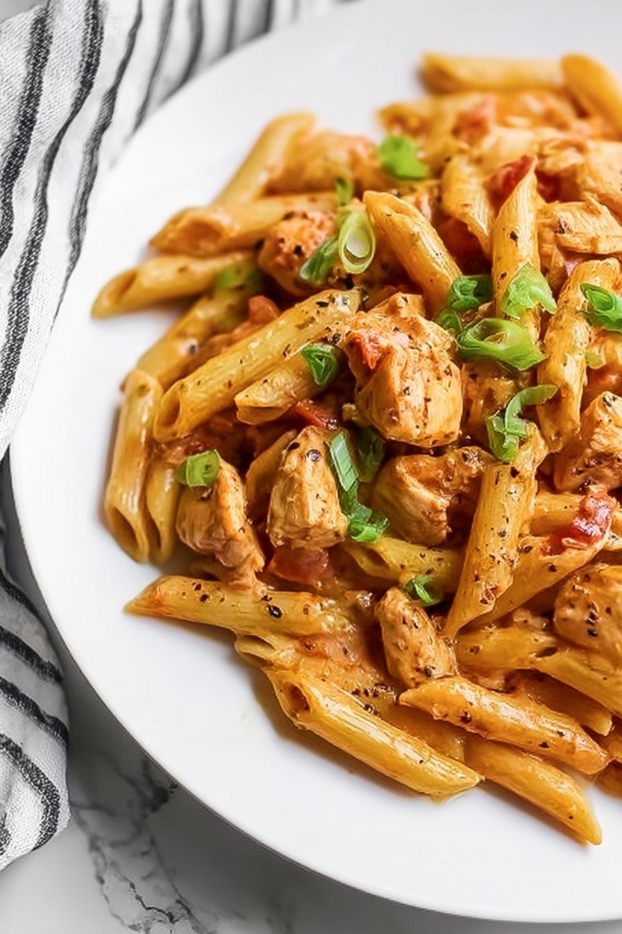 Creamy Cajun Chicken Pasta, Cajun Chicken Pasta, Creamy Pasta Recipes, Spicy Chicken Pasta, Easy Dinner Ideas - A white plate holds a tasty mix of penne pasta covered in a creamy orange sauce. The pasta is joined by small pieces of cooked chicken and bits of tomato, all mixed together. Bright green chopped green onions are sprinkled over the top to add color. A black fork rests on the right side of the plate, partially digging into the food. The plate is set on a white marbled surface with a striped cloth nearby. photo taken with an iphone --ar 2:3 --v 7