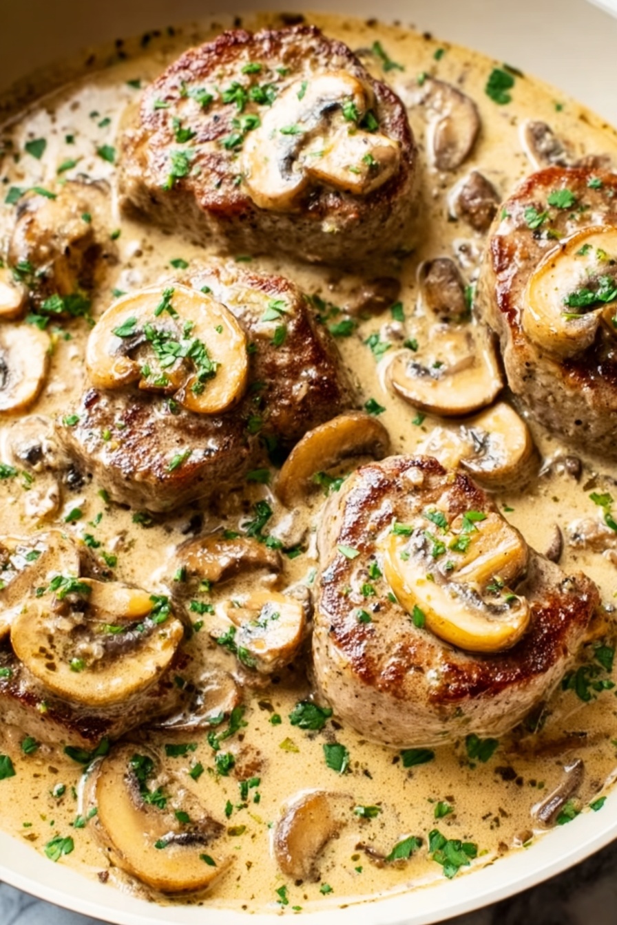 Creamy Mushroom Pork Tenderloin, Pork Tenderloin with Mushroom Sauce, Easy Pork Tenderloin Recipes, Juicy Pork Medallions with Mushrooms, Elegant weeknight dinner ideas - The dish shows four cooked pieces of meat with a brown and light golden color, each topped with a slice of mushroom. They are surrounded by a creamy light beige sauce that has whole and sliced mushrooms spread evenly throughout. Sprinkles of green herbs are scattered on top and around the meat, adding fresh color contrast. The food is presented close-up on a white marbled texture background. photo taken with an iphone --ar 2:3 --v 7