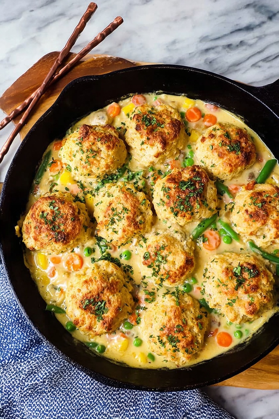 Cheddar Bay Chicken Pot Pie, Chicken Pot Pie with Cheddar Bay Biscuits, Easy Chicken Pot Pie, Comfort Food Recipes, Homemade Chicken Pot Pie - This image shows a black cast iron skillet filled with a creamy vegetable mixture and topped with nine golden brown biscuit-like rounds. The biscuit rounds have a slightly rough texture with small green herb bits sprinkled on top. Below the biscuits, you can see a mix of colorful vegetables like orange carrots, green beans, and cream-colored sauce that looks thick and smooth. The skillet is placed on a wooden trivet with a striped cloth underneath, all against a white marbled background. Photo taken with an iphone --ar 2:3 --v 7
