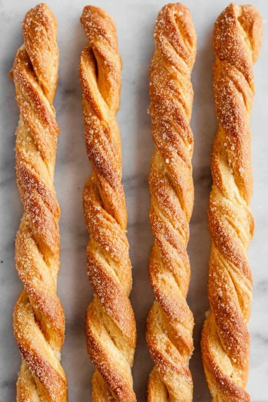 Pumpkin Pie Twists with Crescent Dough, pumpkin pie twists, fall dessert ideas, easy pumpkin snacks, quick pumpkin treats - The image shows several twisted pastry sticks arranged closely on a white rectangular plate. Each pastry stick has a golden-brown crust with a dusting of cinnamon sugar on top, giving a slightly rough texture from the sugar granules. The twists reveal light, flaky layers with a cinnamon brown filling swirled inside. The background is a white marbled surface, and the pastries look freshly baked with a slight shine from the glaze. photo taken with an iphone --ar 2:3 --v 7