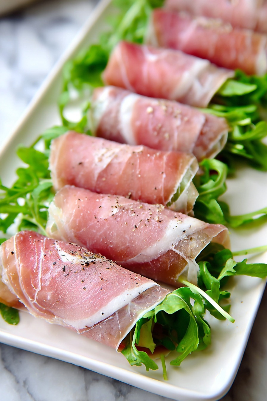 Fig and Prosciutto Roll-Ups, Fig and Prosciutto appetizer, easy Fig and Prosciutto snacks, elegant finger food with fig and prosciutto, quick party appetizers with figs - The image shows a white plate with seven rolls made from thin pink slices of cured meat, each wrapped around fresh green arugula leaves. The rolls are lined up neatly in two rows on the plate. The meat has a slightly translucent look with light fat veins, and the rolls have a light sprinkle of black pepper on top. The background is a white marbled surface photo taken with an iphone --ar 2:3 --v 7
