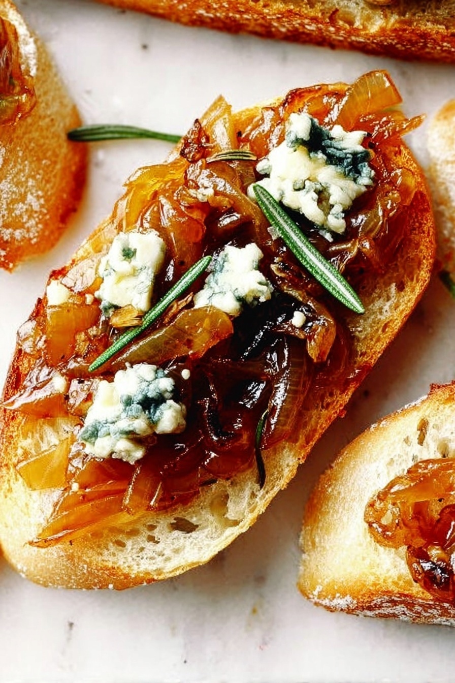 Caramelized Onion Fig Jam Crostini, savory fig crostini, easy appetizer recipes, gourmet crostini ideas, elegant party snacks - A close-up view of a single slice of toasted bread resting on a white marbled surface, showing a golden-brown crust with an airy texture inside. The bread slice is topped with caramelized onions that have a shiny, deep amber color and a soft, slightly sticky texture, scattered unevenly across the surface. There are small dollops of creamy blue cheese with a light white base and visible blue veins spread over the onions. Thin sprigs of green herbs, likely rosemary, sit on top, adding a fresh green contrast. The photo taken with an iphone --ar 2:3 --v 7