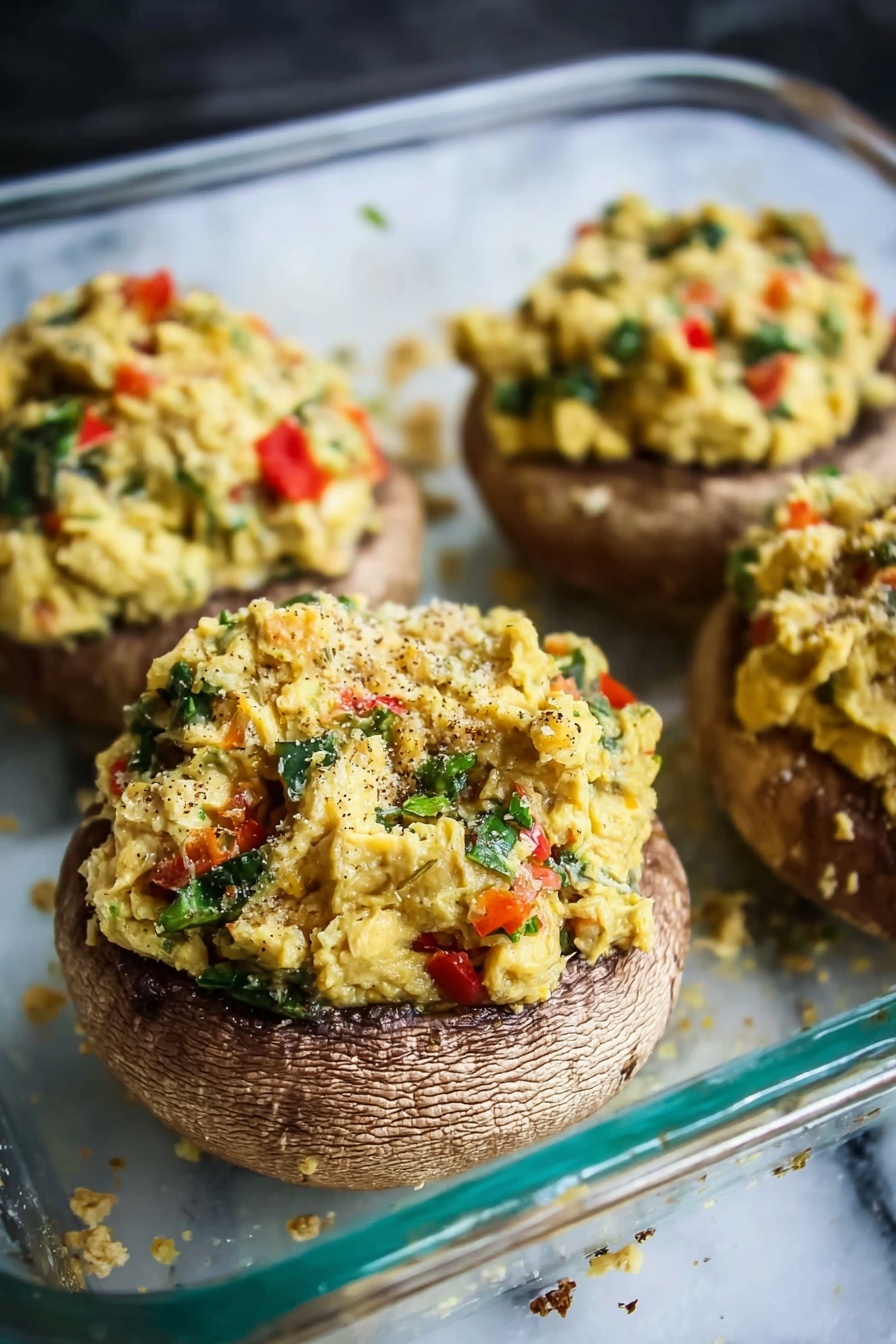 Crab Stuffed Portobello Mushrooms, Portobello Mushroom recipes, seafood stuffed mushrooms, easy crab mushroom appetizer, elegant mushroom appetizer - The image shows four large mushroom caps filled with a creamy mixture that has a light yellow color and a soft, slightly chunky texture. The filling is mixed with small pieces of green herbs and red bell pepper bits, evenly spread on top and slightly heaped to create a rounded mound on each mushroom. The mushroom caps have a natural brown color with visible texture and ridges. These stuffed mushrooms rest inside a clear glass baking dish placed on a white marbled surface, with some crumbs scattered around the dish. photo taken with an iphone --ar 2:3 --v 7