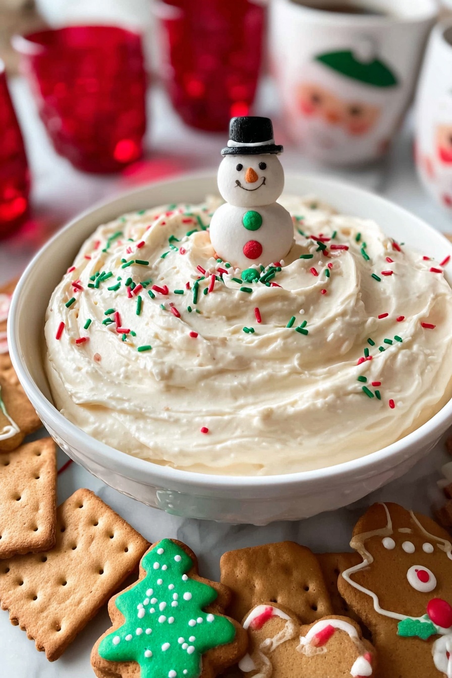 Christmas Sugar Cookie Dip, festive holiday dip, easy Christmas appetizer, sweet holiday dip recipe, crowd-pleasing Christmas treat - A white bowl filled with a thick, creamy white dip swirled in three visible layers with a soft, smooth texture, decorated on top with small red, green, and white sprinkles shaped like Christmas trees and long rods, and a small white snowman cookie with black hat and colorful dots placed standing in the dip’s center; around the bowl, several gingerbread square crackers and decorated Christmas-themed cookies shaped like candy canes, Christmas trees, and gingerbread men are scattered on a white marbled surface; in the blurred background, there are red glass candle holders and white Santa Claus mugs with red cheeks; photo taken with an iphone --ar 2:3 --v 7