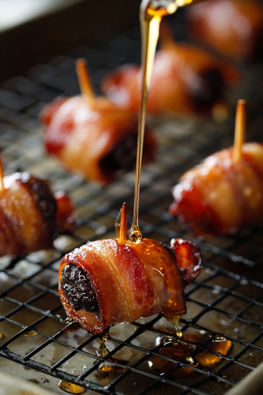 Bacon-Wrapped Dates with Goat Cheese, savory appetizer recipes, easy party appetizers, gourmet snack ideas, crowd-pleasing finger foods - Small bacon-wrapped pieces are placed on a black wire rack over a baking tray. Each piece has a dark center wrapped tightly with shiny, crispy golden-brown bacon strips, secured with a small brown toothpick in the middle. A thin golden liquid is being poured from above onto the closest piece, creating a glossy shine and some small drops on the tray below. The background is blurred but shows more bacon-wrapped pieces on the rack. photo taken with an iphone --ar 2:3 --v 7