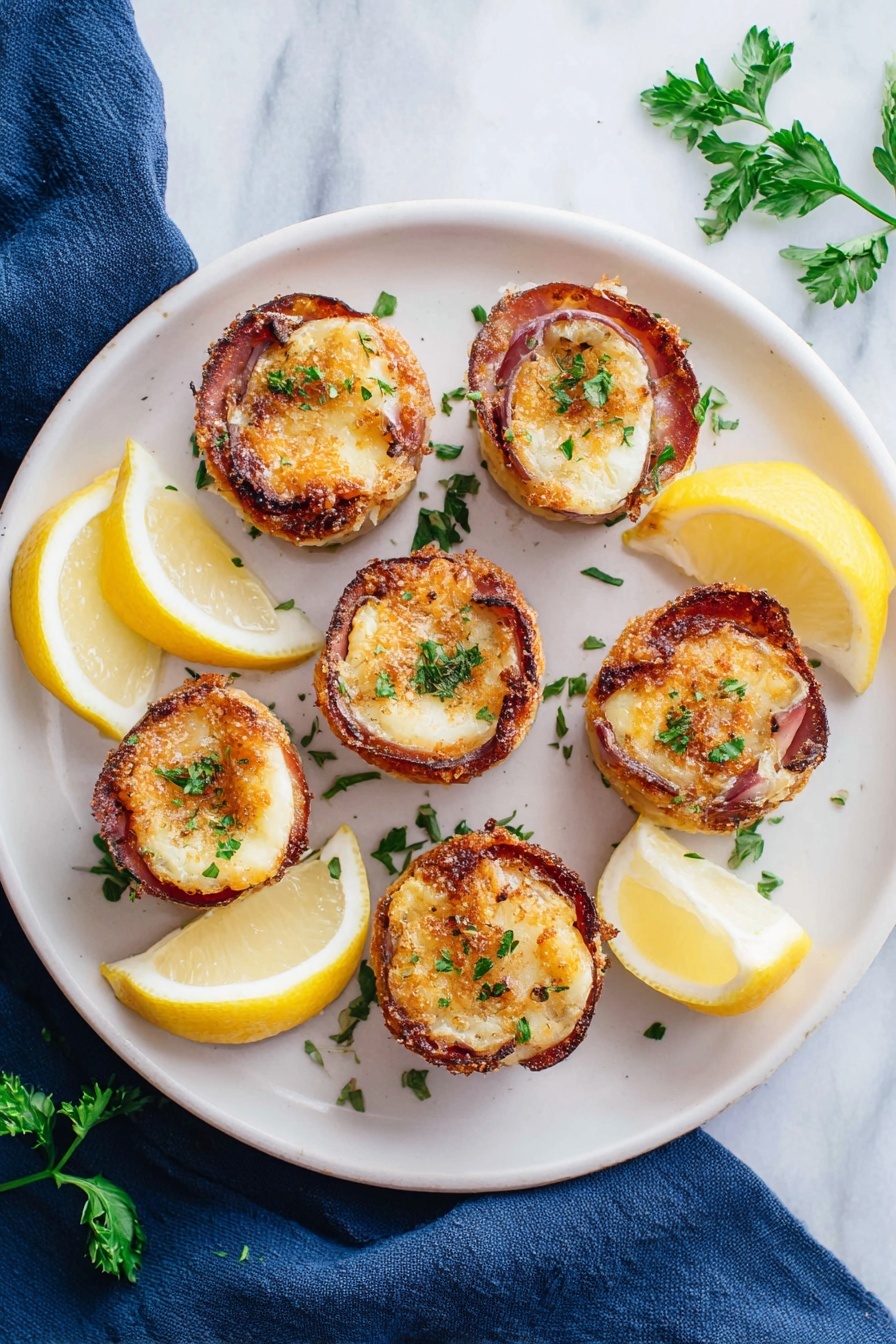 Bacon-Wrapped Scallops, scallop appetizer ideas, seafood appetizer recipes, easy scallops with bacon, gourmet seafood dishes - Six round pieces of food are arranged on a white plate, each piece has a light golden brown center wrapped in a crispy ring of darker brown. They are topped with small green parsley pieces sprinkled all over. Around the plate, there are lemon wedges with bright yellow skin and pale yellow inside, and more parsley leaves. The plate sits on a white marbled surface, with a dark blue cloth partially visible in the background. Photo taken with an iphone --ar 2:3 --v 7