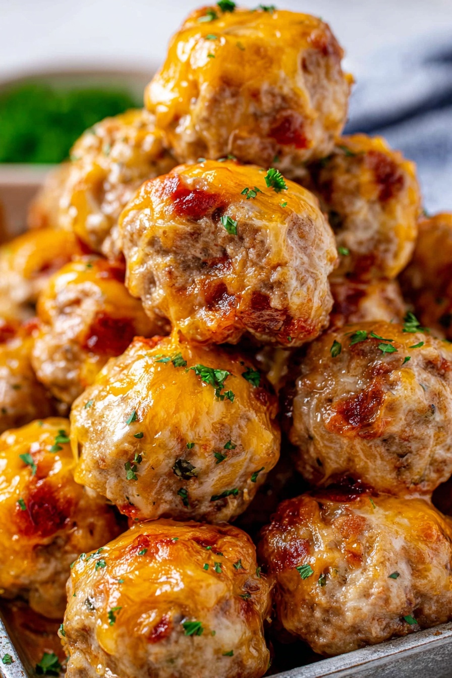 Cream Cheese Sausage Balls, sausage balls recipe, cheesy sausage bites, savory appetizer ideas, easy party snacks - A close-up view of a stack of round, baked meatballs covered with melted orange cheese and small green herb bits on top. The meatballs have a light brown, slightly crispy texture with some spots of red sauce peeking through the cheese. They are piled high in a metal tray, with some meatballs resting on others. The background shows a white marbled surface, keeping the focus on the warm, cheesy meatballs. The lighting highlights the gooey cheese and fresh herbs, giving the image a fresh and tasty look. photo taken with an iphone --ar 2:3 --v 7