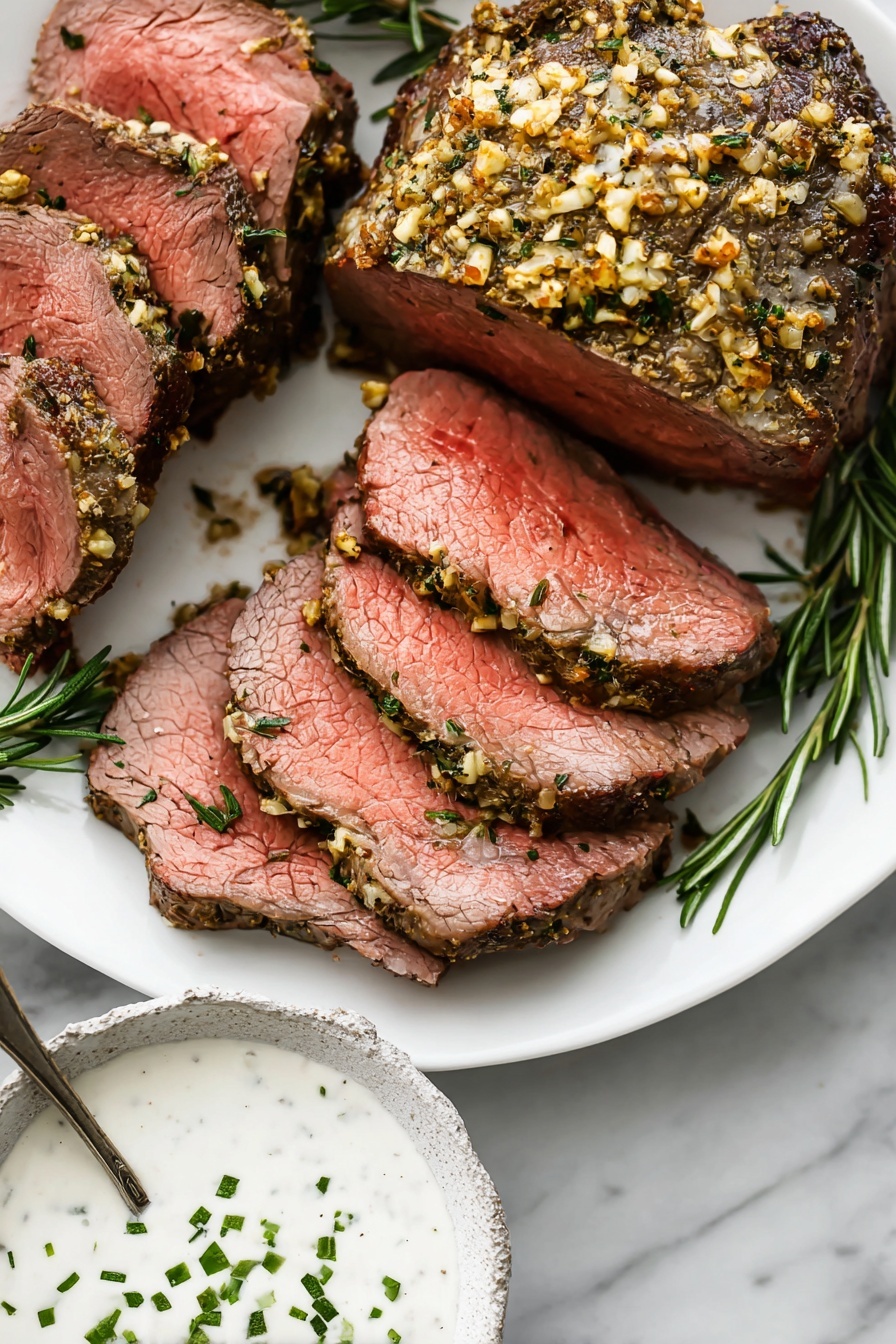Herb Garlic Butter Beef Tenderloin, classic beef tenderloin roast, garlic herb steak, elegant beef dinner, juicy beef tenderloin - A white plate holds a cooked roast beef that is sliced into several thick pieces showing a pink, juicy center with a browned outer layer. The top of the roast is covered with a textured mix of chopped garlic and herbs that is pale with green bits. The slices lay mostly flat with their textured pink, moist interiors facing up, and a few whole pieces of roast sit to the left. Fresh green sprigs of rosemary are placed on the plate near the meat. In front of the plate, a white bowl with a rough edge contains creamy white sauce topped with small, chopped green herbs, and a spoon rests inside the bowl. The whole scene is set on a white marbled surface. Photo taken with an iphone --ar 2:3 --v 7