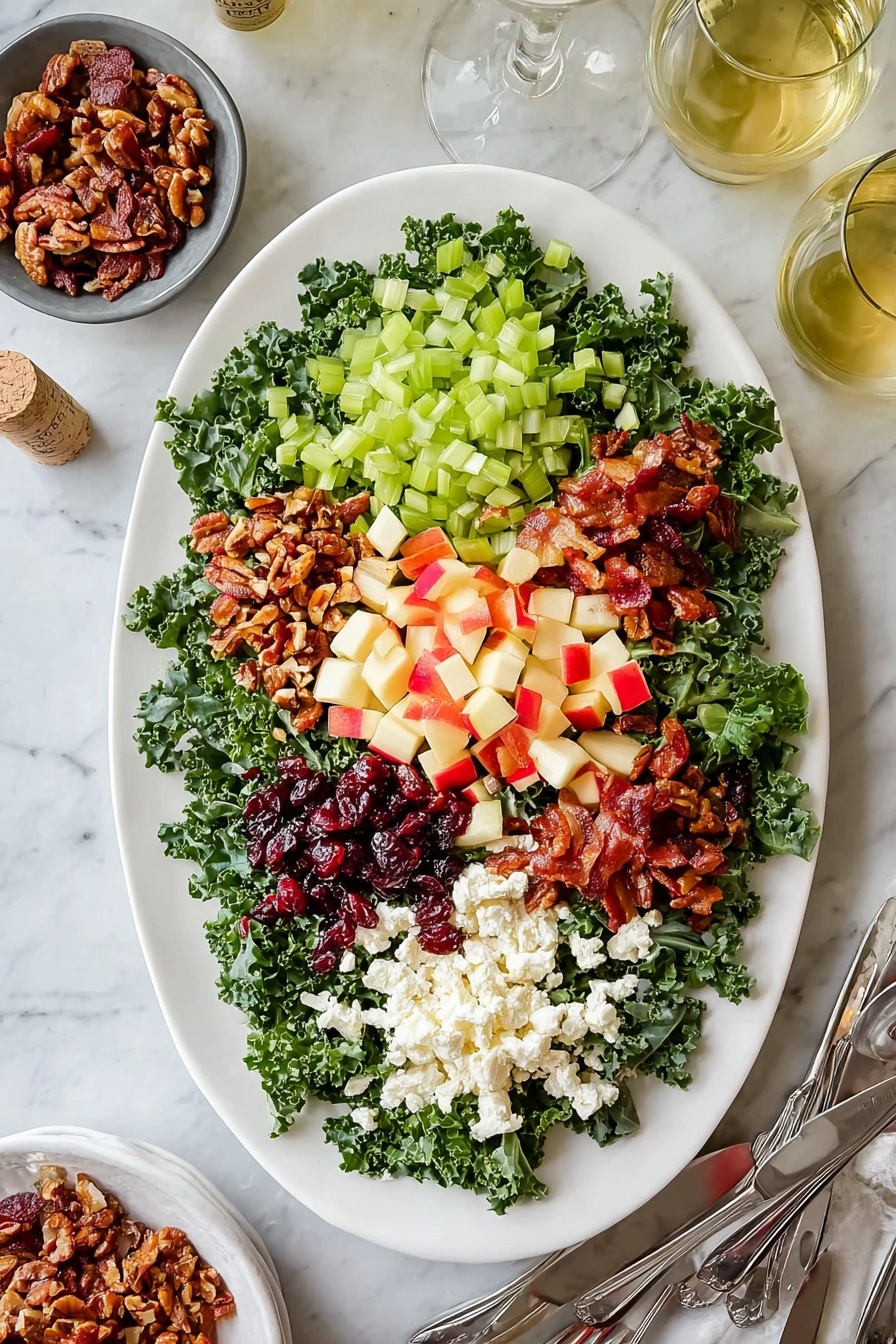 Apple Cranberry Kale Salad with Candied Pecans, healthy festive salad, easy kale salad recipe, crunchy autumn salad, vegan friendly kale salad - A white oval plate holds a salad with a base of dark green kale leaves spread evenly across the plate. On top, there are six sections of toppings: chopped light green celery at the top right, small crispy brown bacon pieces next to the celery, dark red dried cranberries below the bacon, white crumbled cheese near the bottom left, red and cream-colored chopped apple pieces above the cheese, and light brown candied nuts at the top left. The ingredients are all arranged neatly in small piles on the kale. The plate rests on a white marbled surface with a small gray bowl of candied nuts nearby, two clear green glasses with light yellow liquid, and a bottle with a cork on the side. Three silver forks and two knives lie at the bottom right. photo taken with an iphone --ar 2:3 --v 7