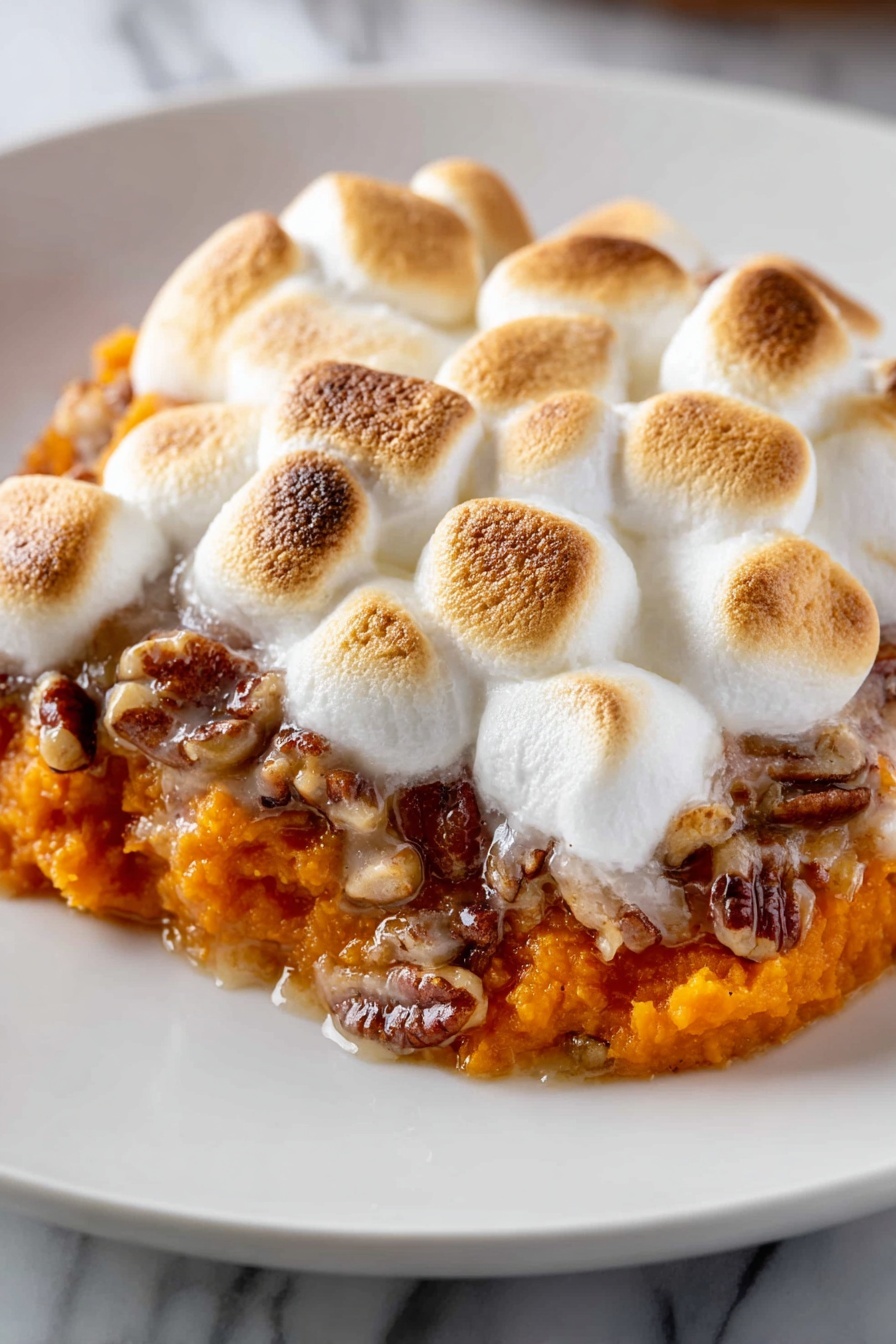 Sweet Potato Casserole with Marshmallows, best sweet potato casserole, holiday sweet potato dish, marshmallow-topped sweet potato bake, easy Thanksgiving casserole - A close-up view of a white plate with a single serving of sweet potato casserole. The bottom layer is mashed sweet potato, bright orange and soft in texture. On top of the sweet potato is a layer of chopped pecans mixed in, adding a nutty brown texture. The top layer is a thick, even spread of toasted marshmallows, browned with slight crispness and some soft, white melty parts showing. The dish looks warm and creamy, with the melted marshmallow slightly blending into the sweet potato below. The plate rests on a white marbled surface. photo taken with an iphone --ar 2:3 --v 7